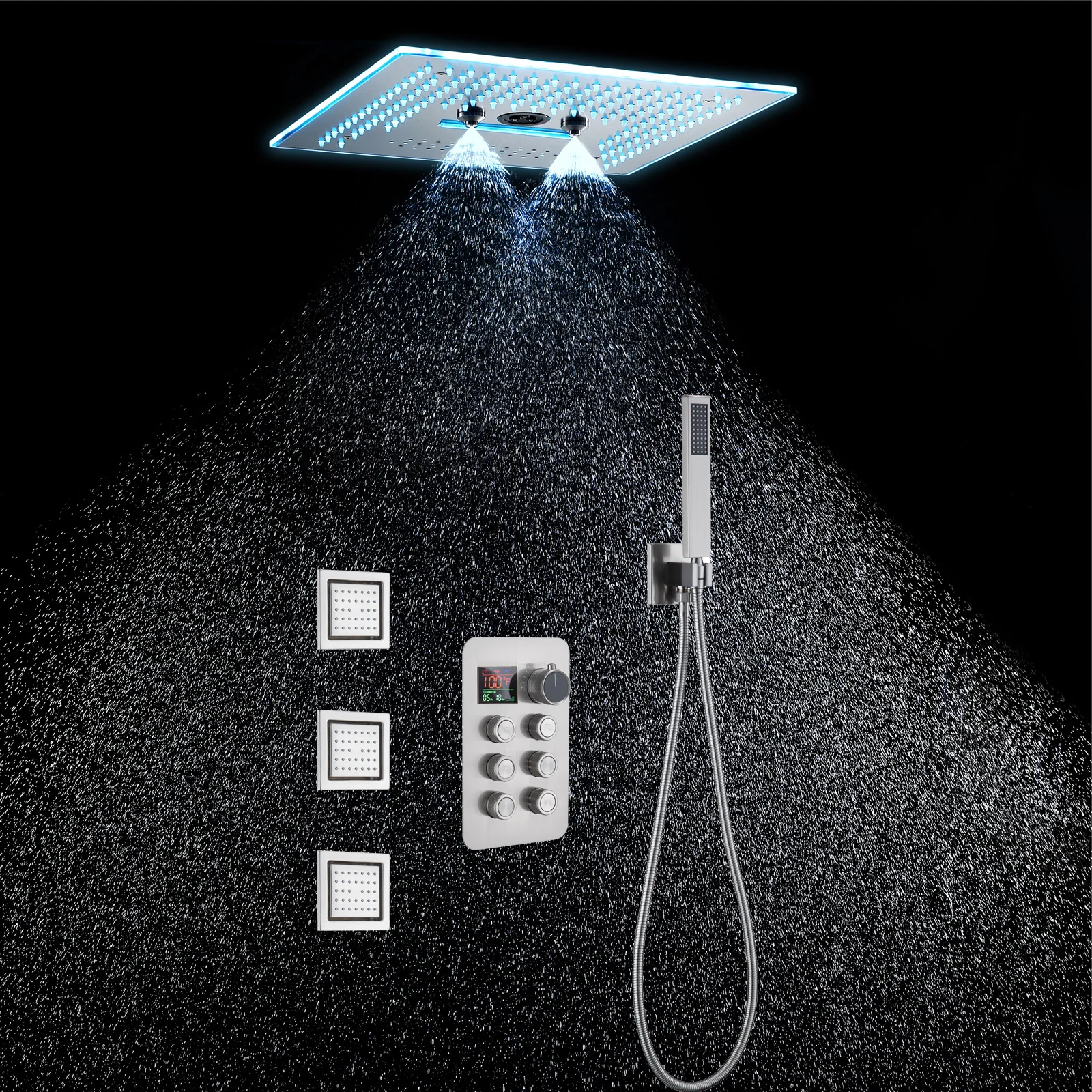 16-Inch Rainfall Waterfall Mist Water Column Flush Mount Shower Faucet Set with 6-Way Thermostatic Control, 64-Color LED, Bluetooth Music, Rainfall-Waterfall-Mist Features, Rotating Hydro Jet, and Body Jets - Image 5