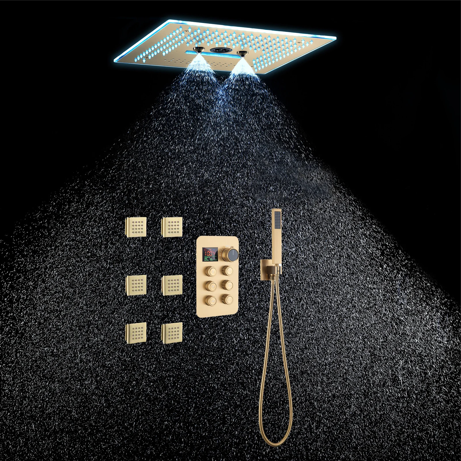 16-Inch Rainfall Waterfall Mist Water Column Flush Mount Shower Faucet Set with 6-Way Thermostatic Control, 64-Color LED, Bluetooth Music, Rainfall-Waterfall-Mist Features, Rotating Hydro Jet, and Body Jets - Image 7