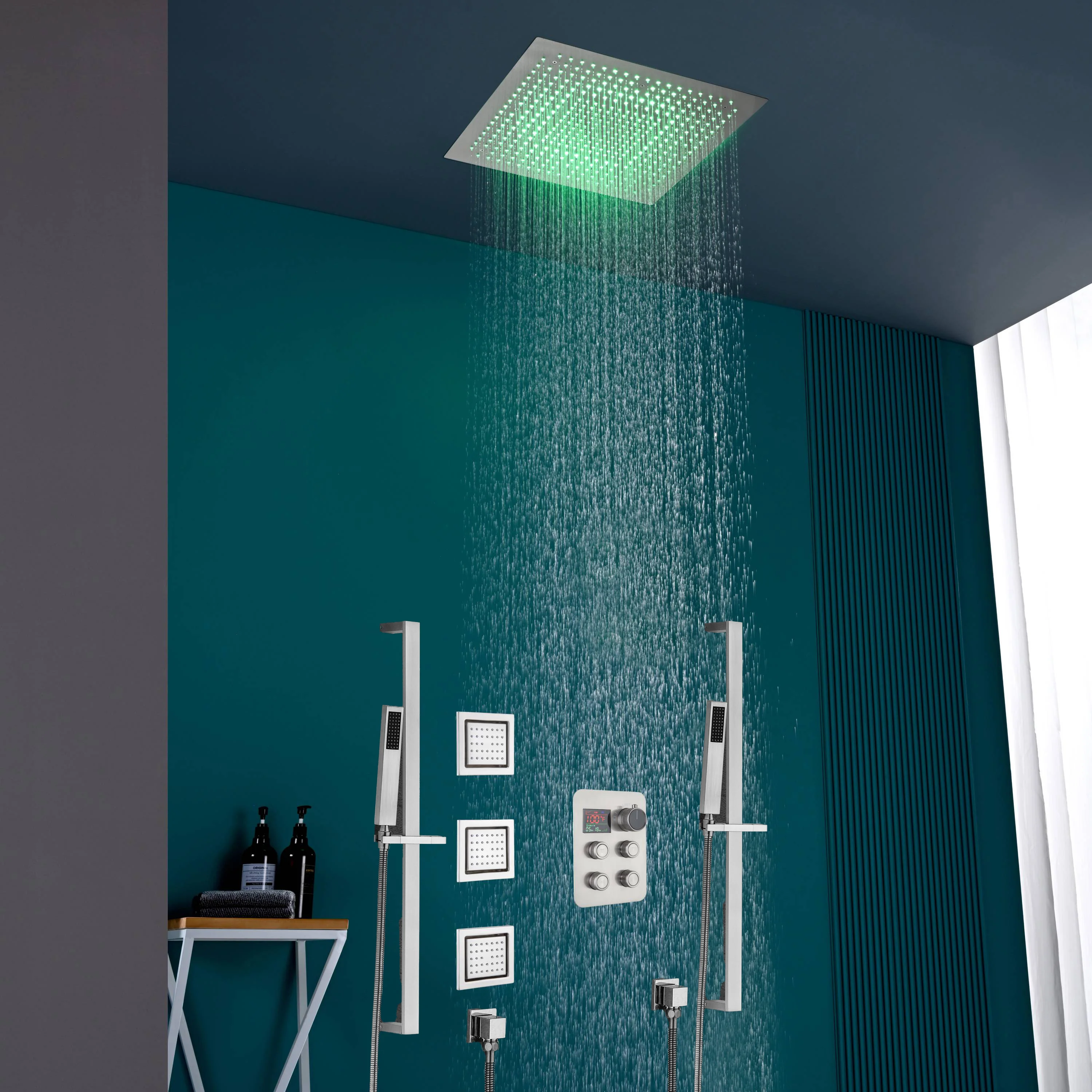 16" or 20" Flush Mount LED Rain Head Shower System with Dual Handle Wands and 3 Body Jets - Image 13