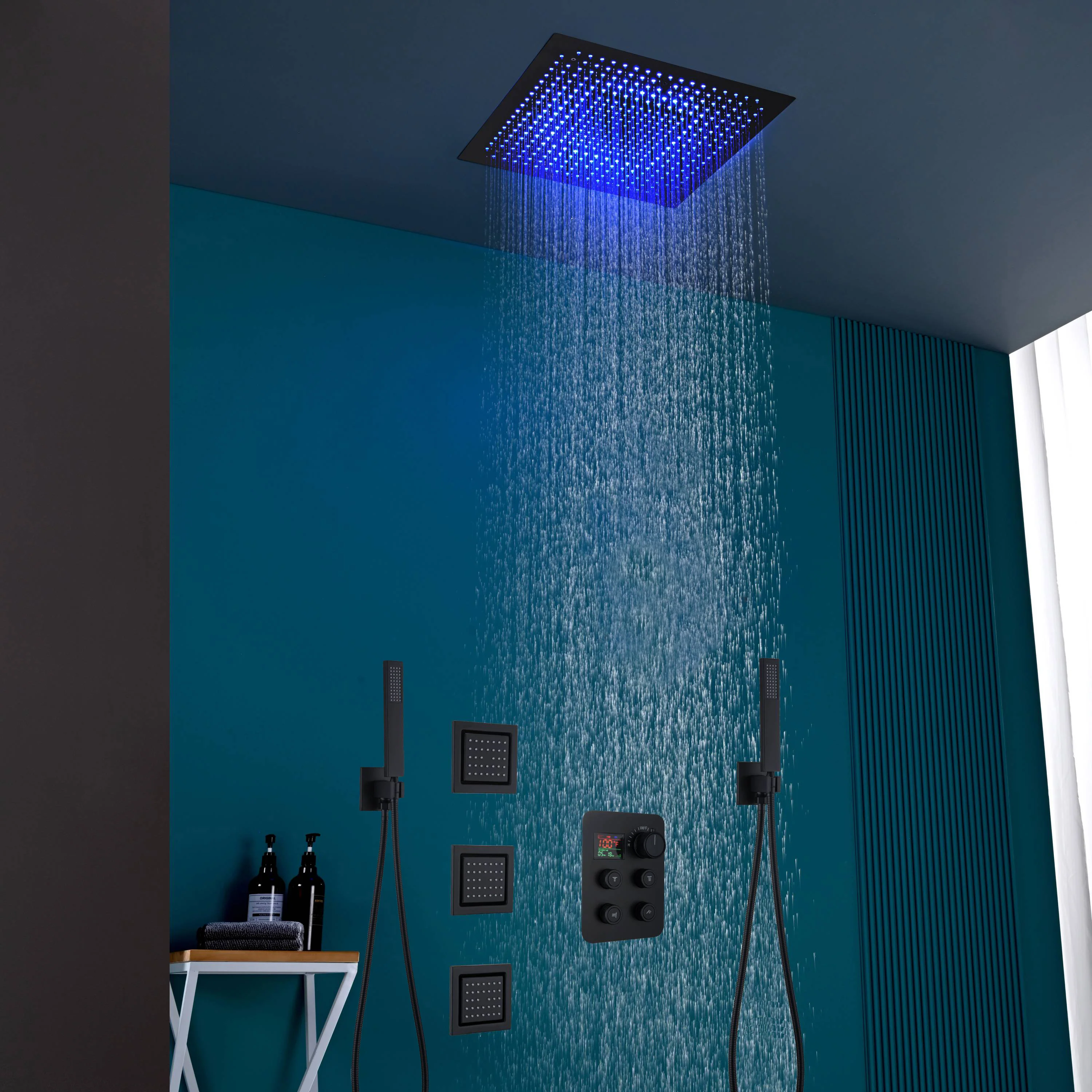 16" or 20" Flush Mount LED Rain Head Shower System with Dual Handle Wands and 3 Body Jets - Image 2