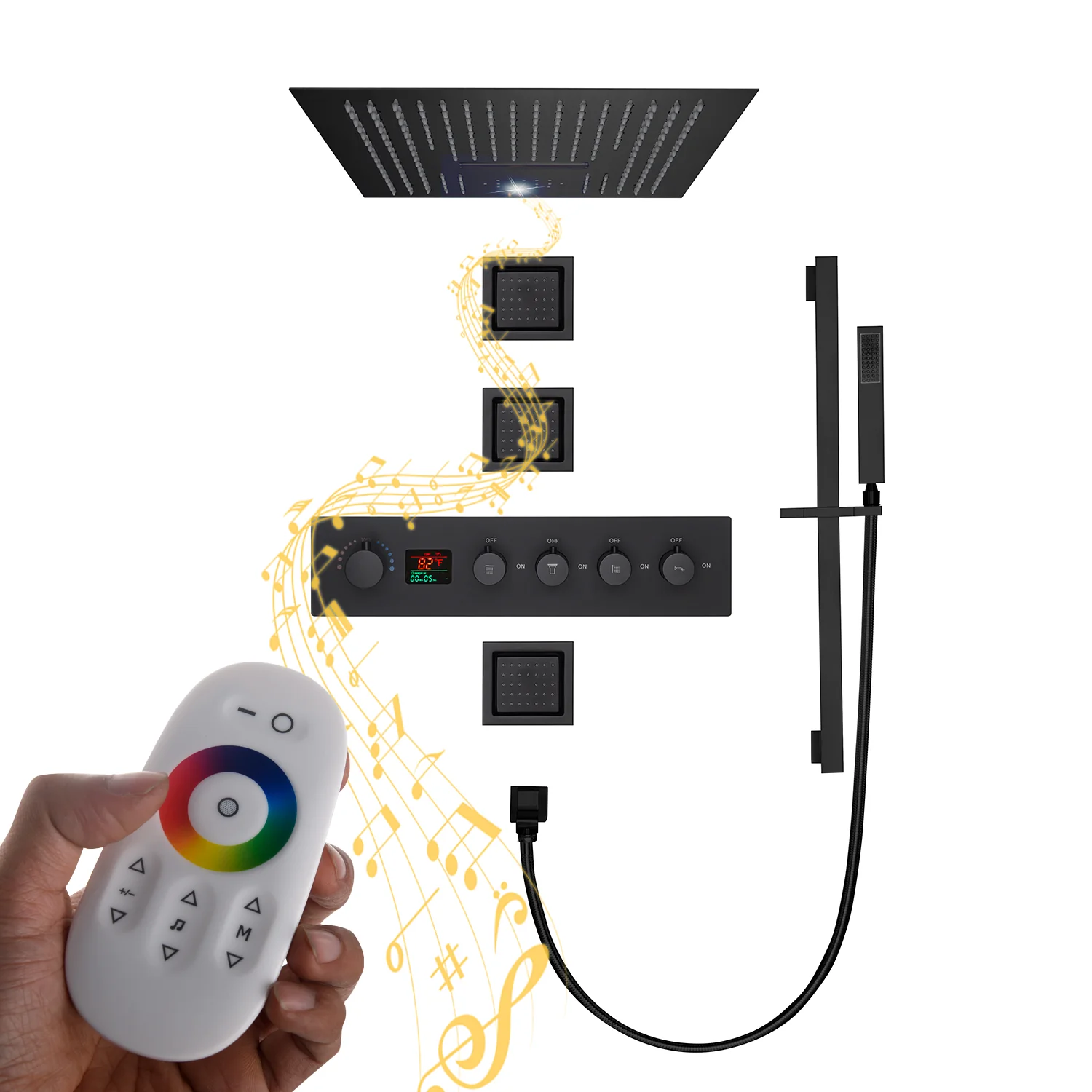 16inch or 20inch 64 colors LED matte black Flushed in shower head 4 Way digital display Thermostatic Shower Faucet with body jets and sliding bar - Image 3