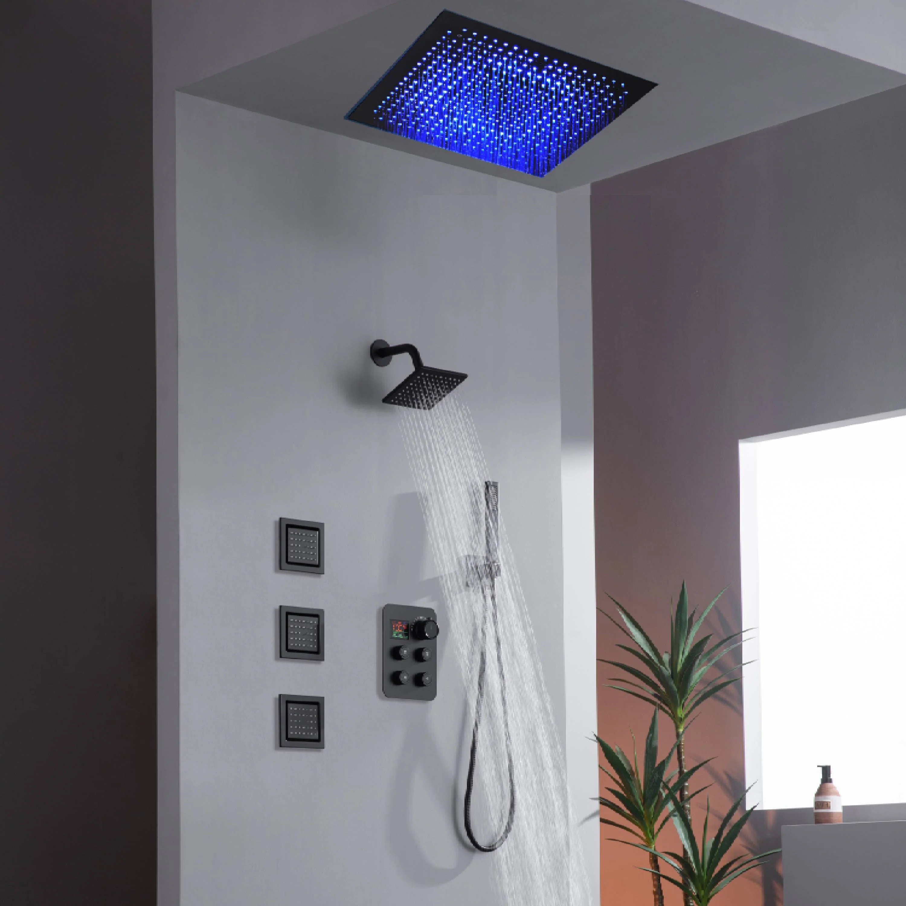 16" or 20" Flush Mount LED Rain Head Shower System with Regular Head and 3 Body Jets - Image 2