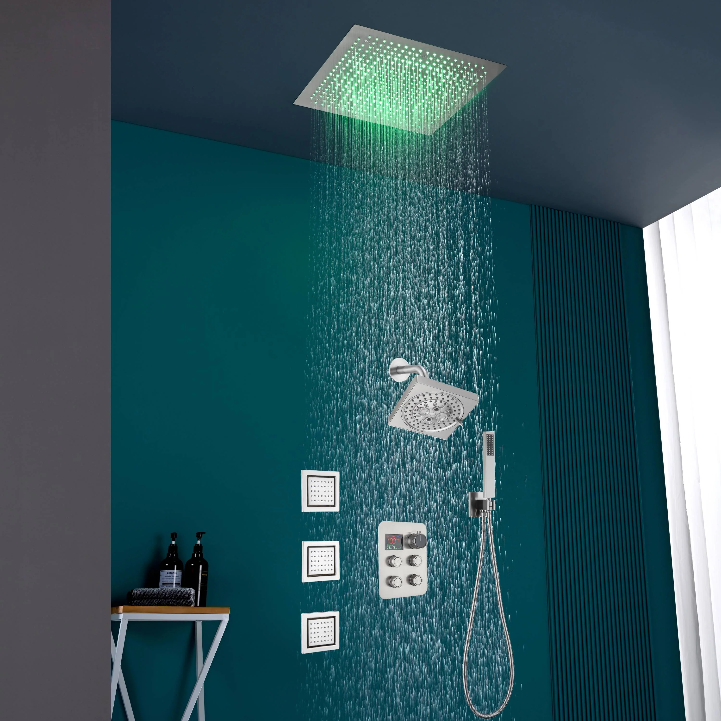 16" or 20" Flush Mount LED Rain Head Shower System with Regular Head and 3 Body Jets - Image 21