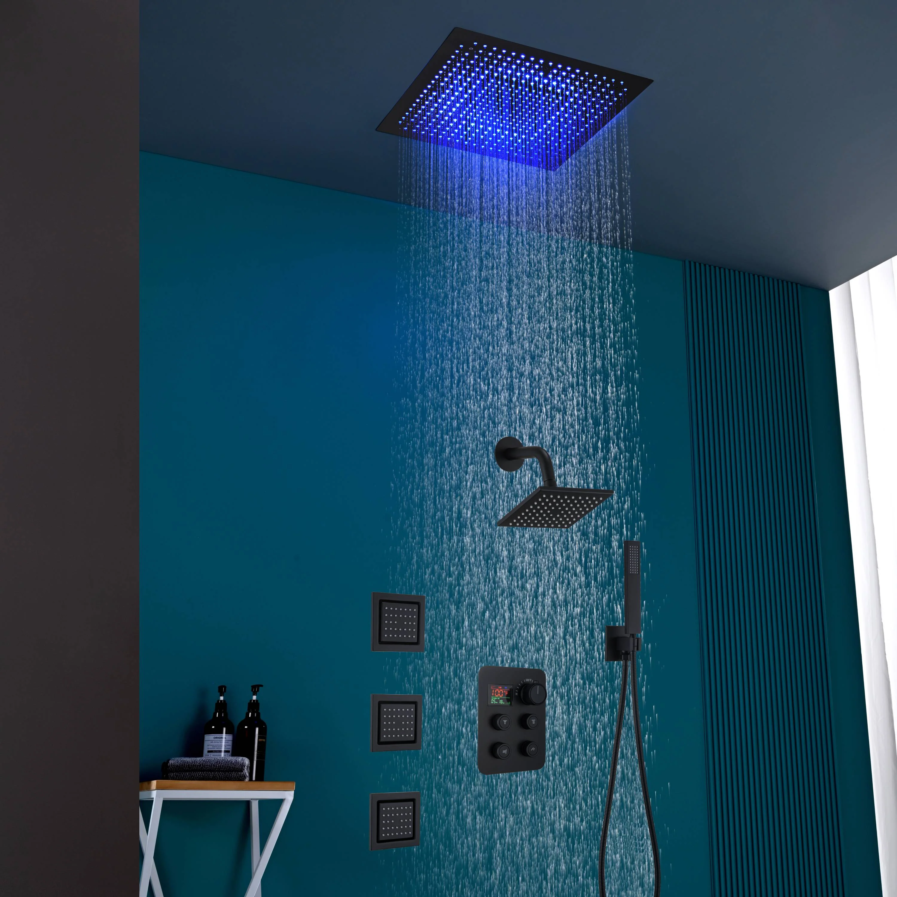 16" or 20" Flush Mount LED Rain Head Shower System with Regular Head and 3 Body Jets - Image 3