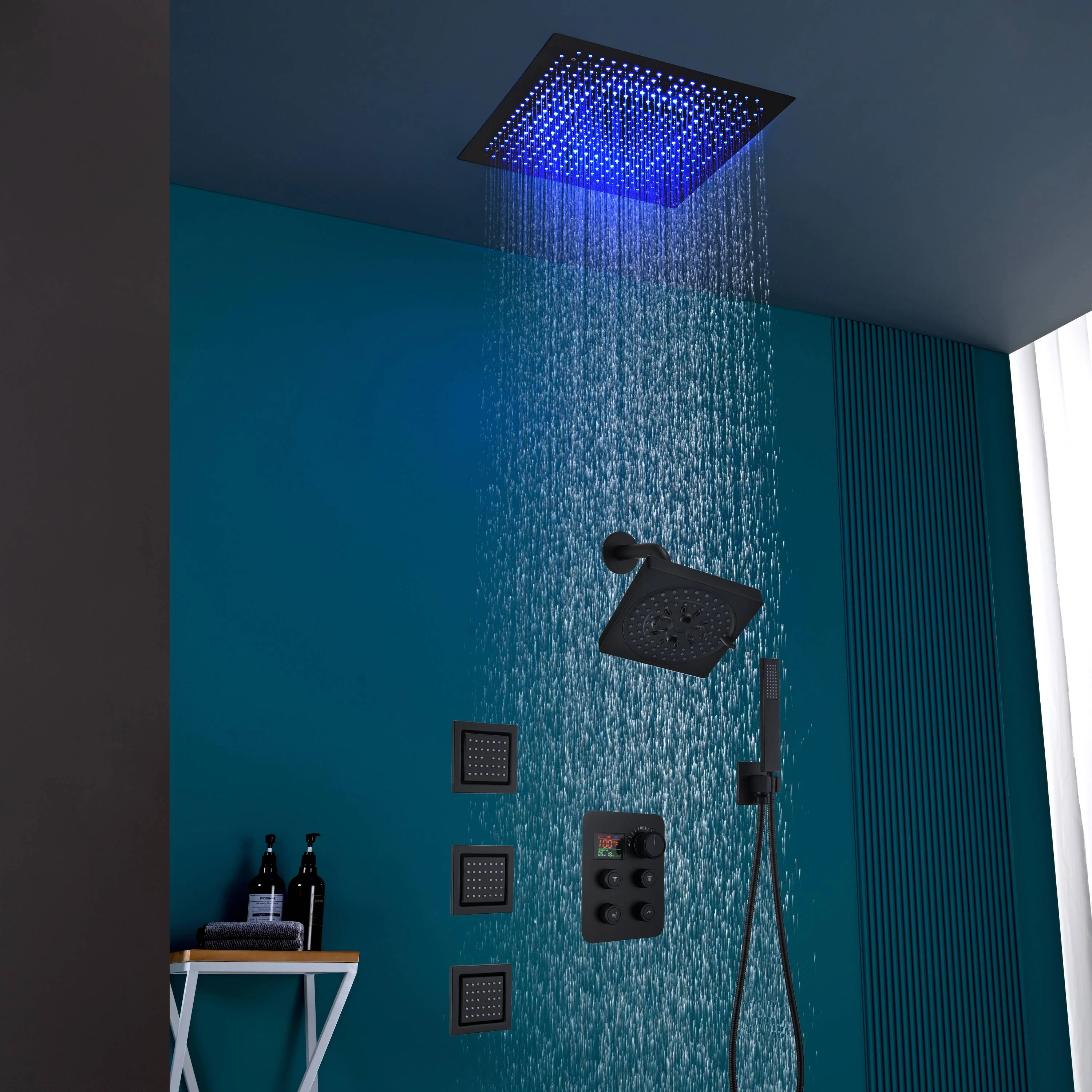 16" or 20" Flush Mount LED Rain Head Shower System with Regular Head and 3 Body Jets - Image 4