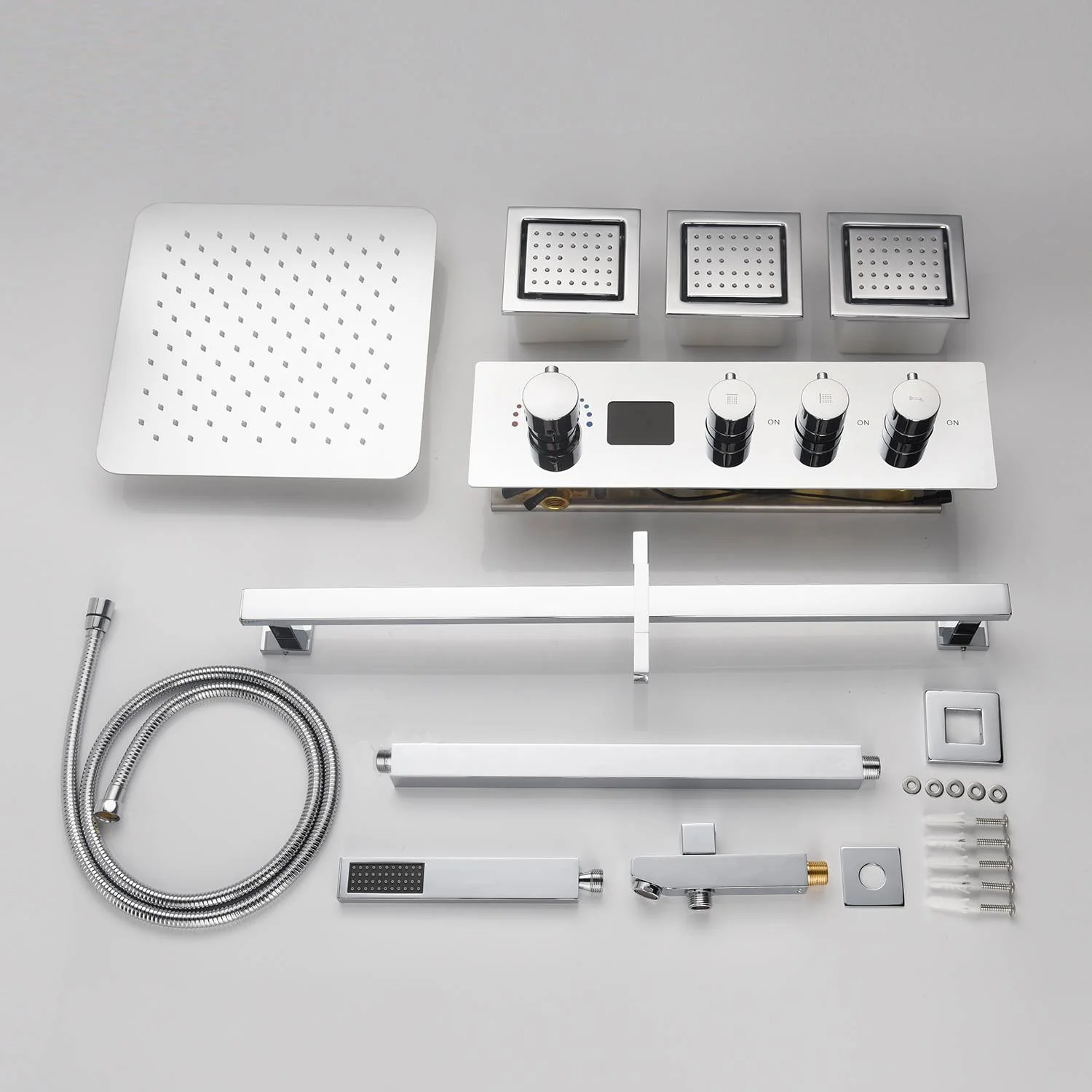 Chrome Ceiling Mount 12-Inch or 16-Inch Rain Shower System: LED or Non-LED, 3-Way Digital Thermostatic Control, Sliding Bar, and 4-Inch Body Jets - Image 4