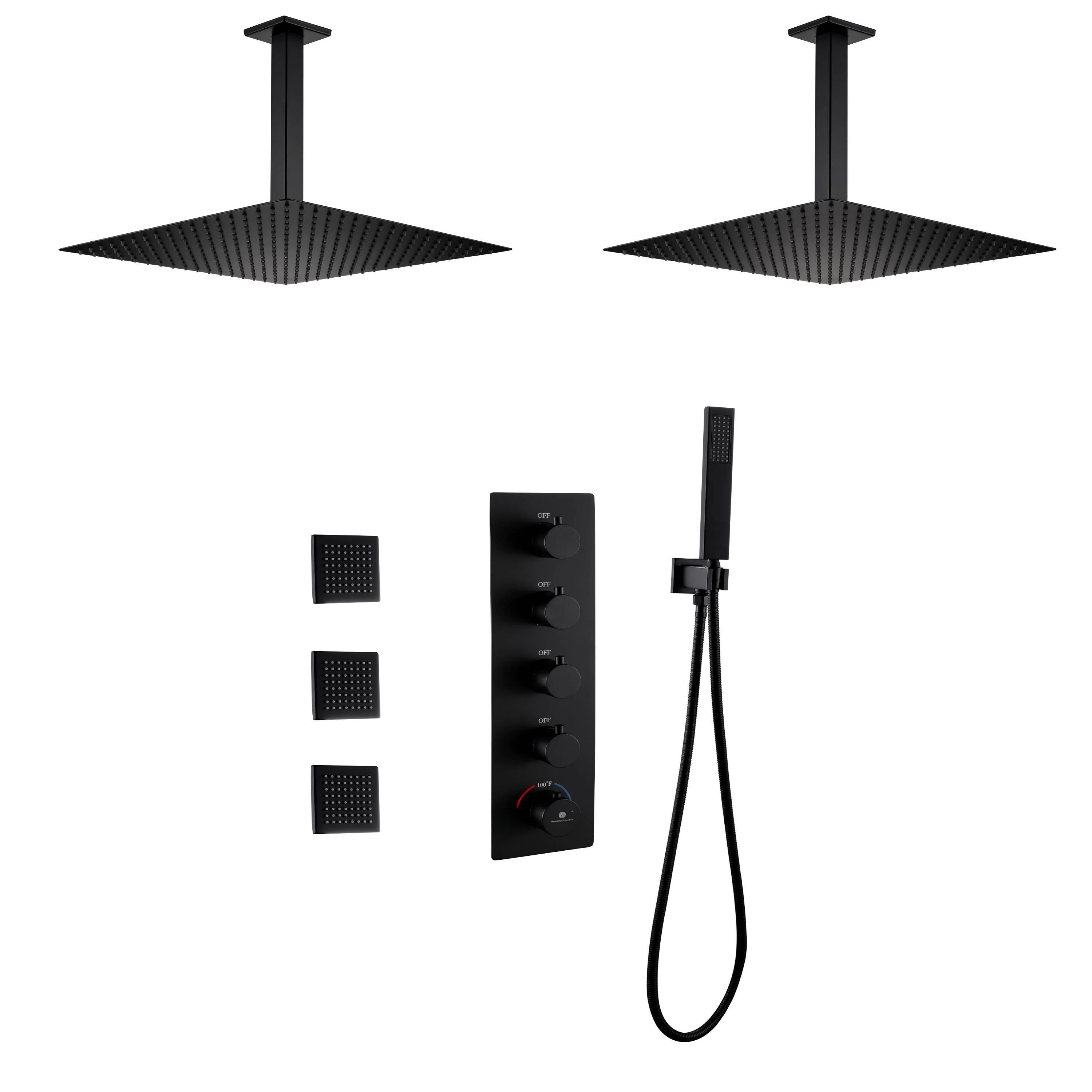 12 inch or 16 inch Matte Black Rainfall or Rainfall Waterfall Shower System - 4-Way Thermostatic Rough-in Valve with Invigorating Body Jets - Image 3