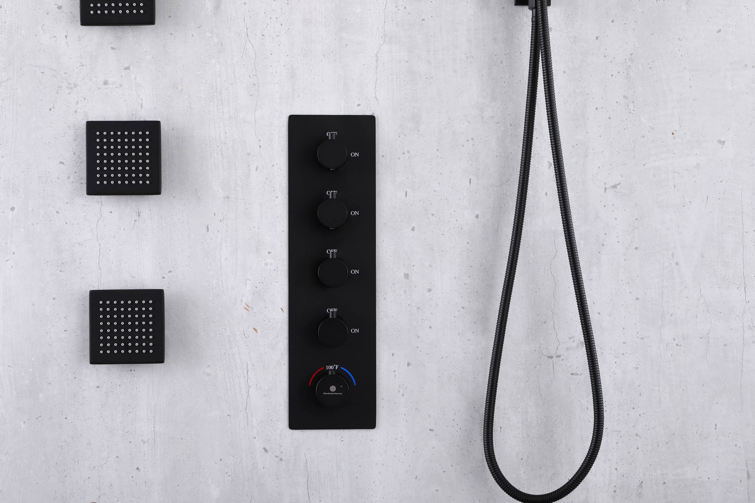 12 inch or 16 inch Matte Black Rainfall or Rainfall Waterfall Shower System - 4-Way Thermostatic Rough-in Valve with Invigorating Body Jets - Image 5