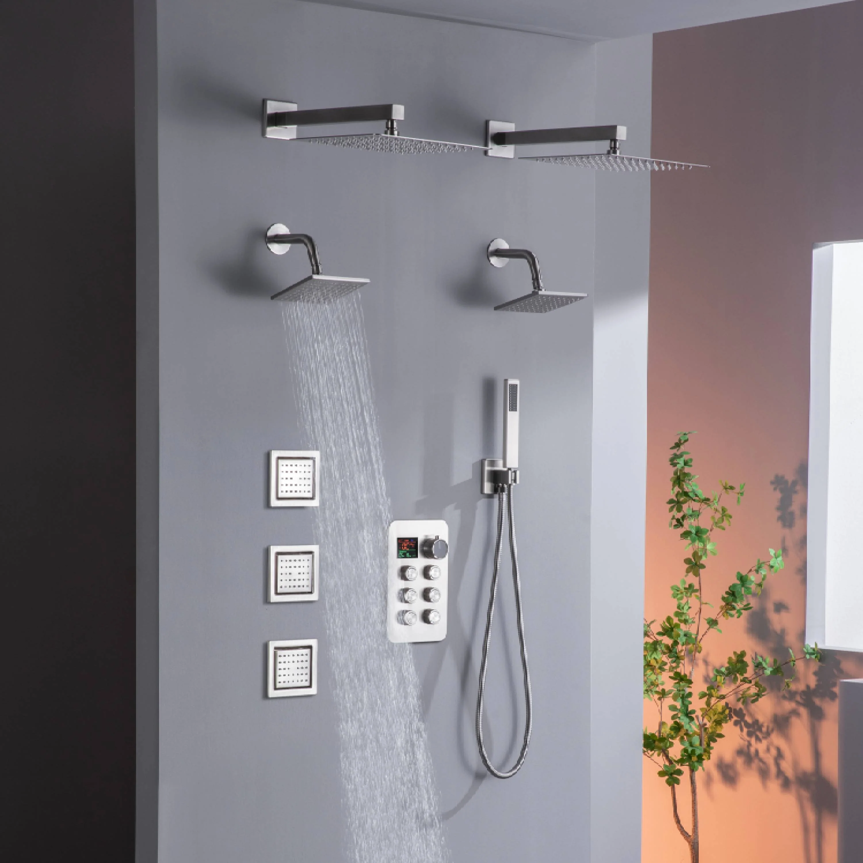 matte black or brushed gold or brushed nickel dual rainfall head 6 way digital display shower faucet with dual 6'' regular heads and 4'' body jets - Image 12
