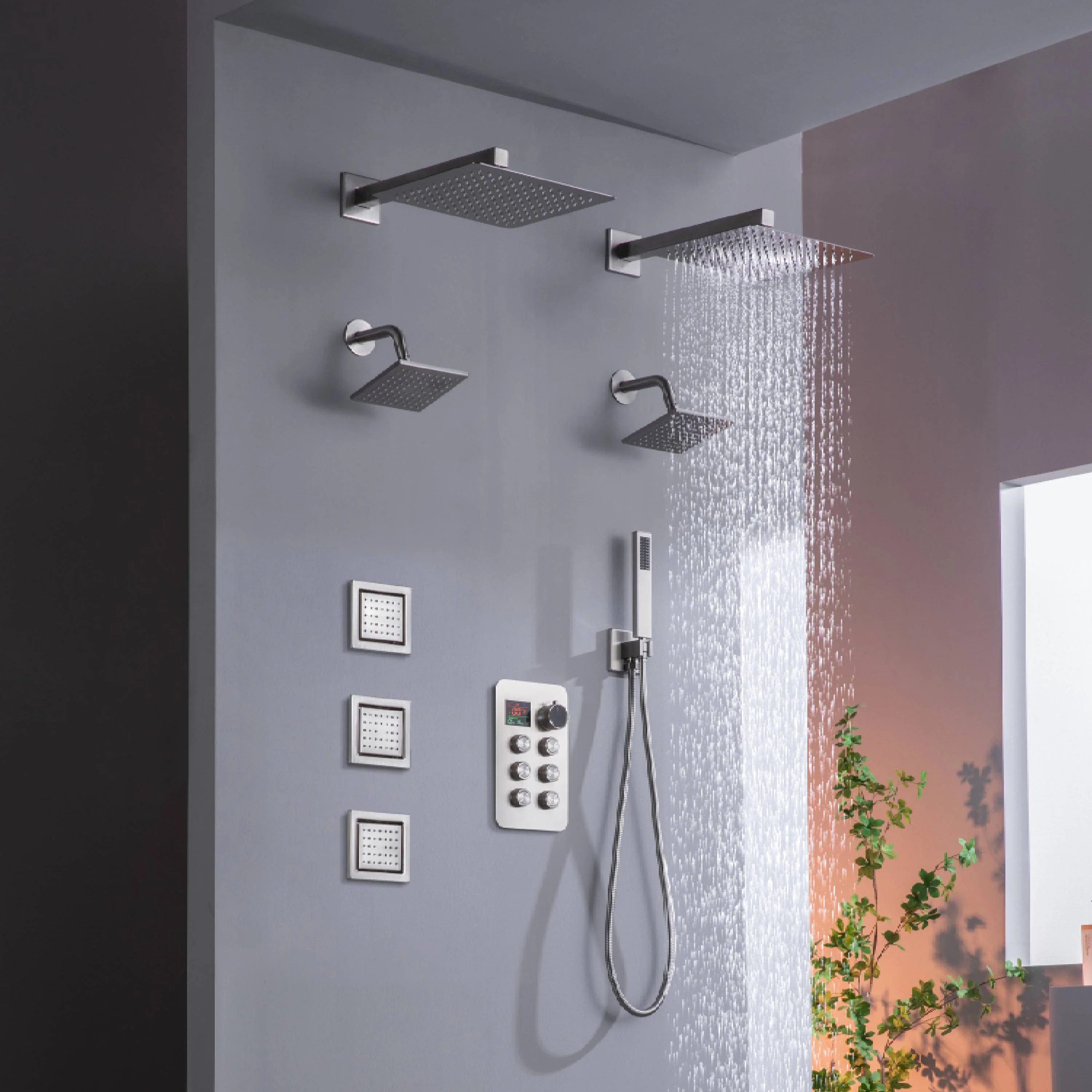 matte black or brushed gold or brushed nickel dual rainfall head 6 way digital display shower faucet with dual 6'' regular heads and 4'' body jets - Image 13