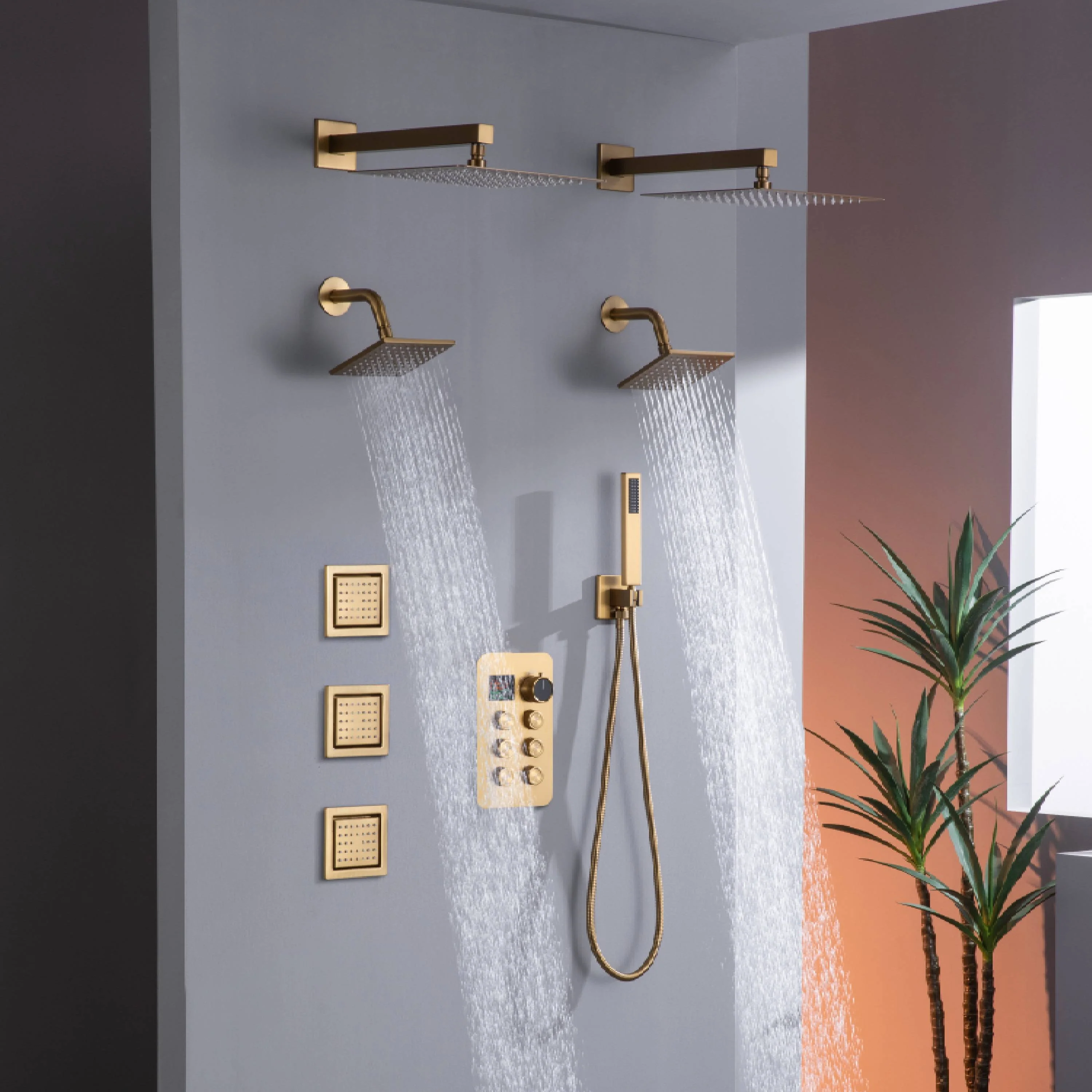 matte black or brushed gold or brushed nickel dual rainfall head 6 way digital display shower faucet with dual 6'' regular heads and 4'' body jets - Image 14