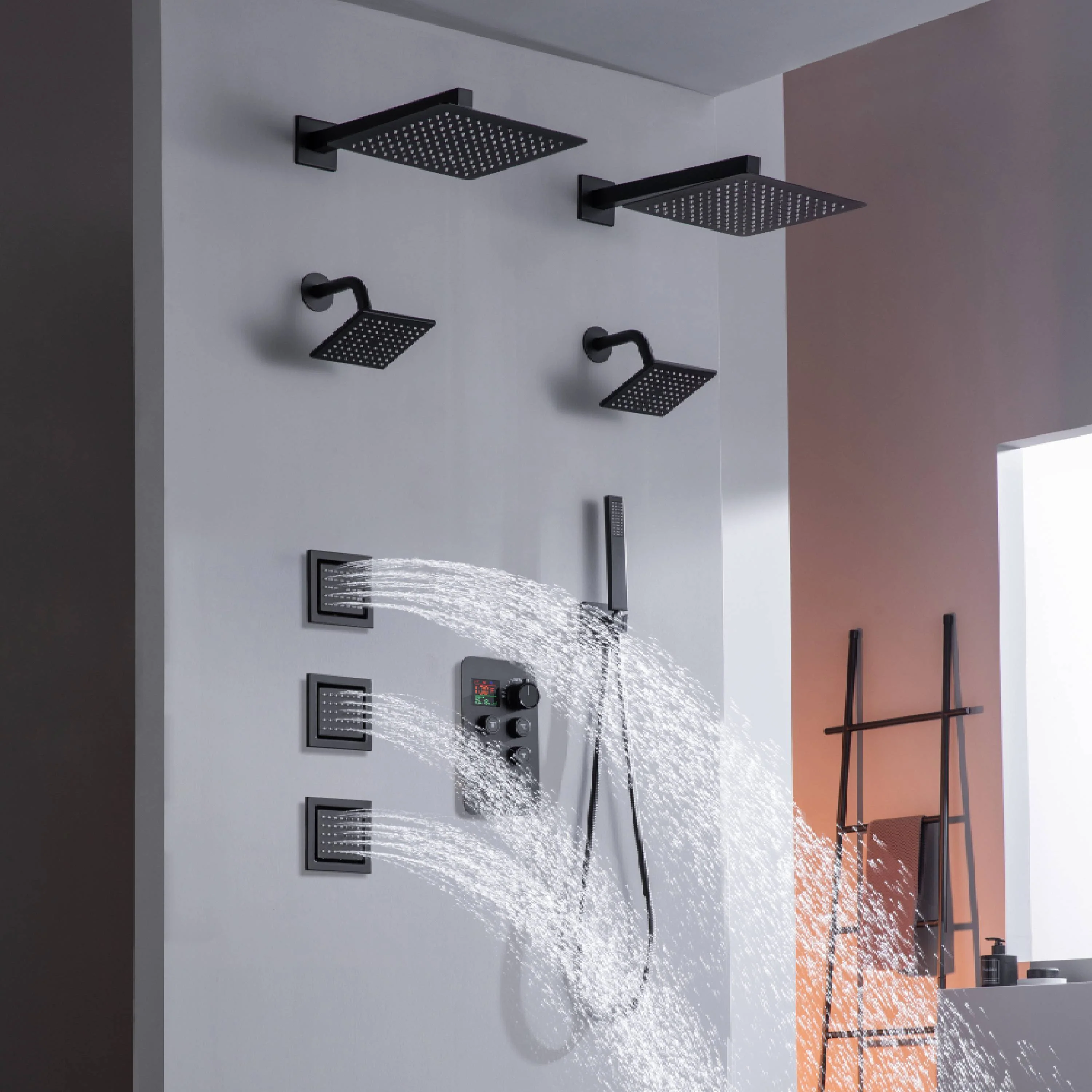 matte black or brushed gold or brushed nickel dual rainfall head 6 way digital display shower faucet with dual 6'' regular heads and 4'' body jets - Image 3