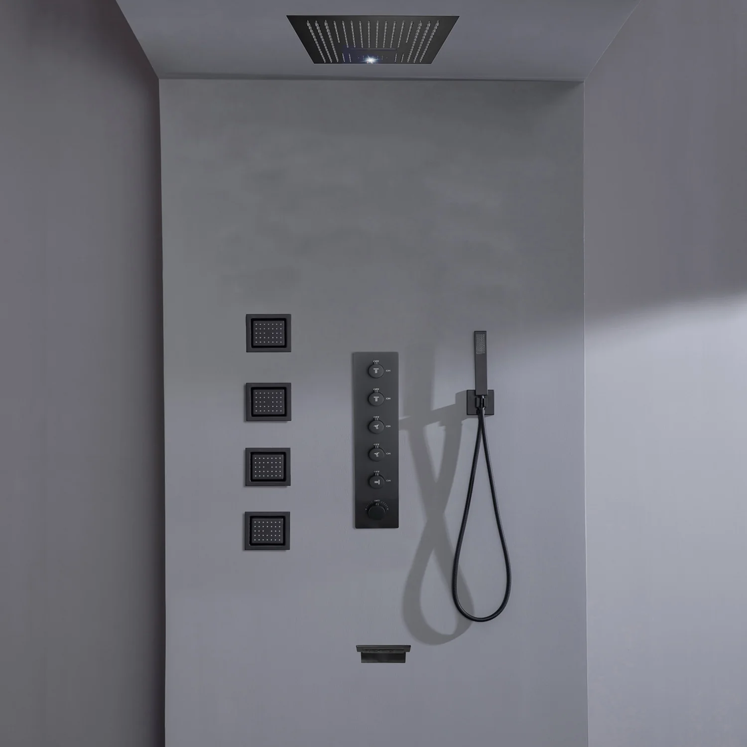 16inch 64 colors LED matte black Flushed mount rainfall waterfall shower head 5 Way Thermostatic Shower Faucet with body jets and Tub Spout - Image 2