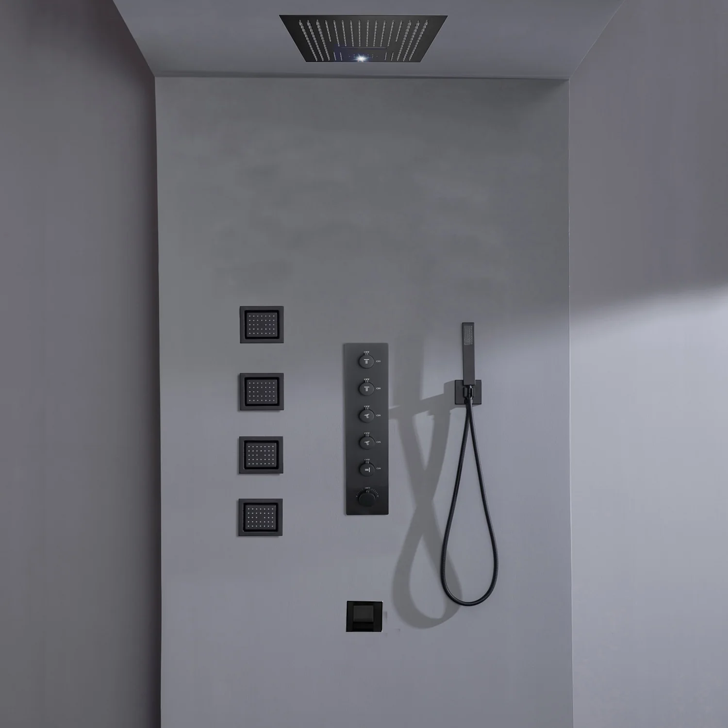 16inch 64 colors LED matte black Flushed mount rainfall waterfall shower head 5 Way Thermostatic Shower Faucet with body jets and Tub Spout - Image 3