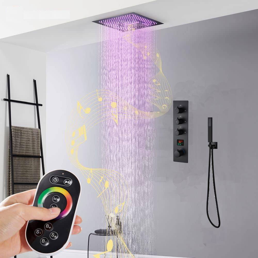16-Inch Matte Black Flush-Mounted 3-Way Digital Thermostatic Shower Faucet with 64-LED Colors and Bluetooth Music Capabilities - Image 3