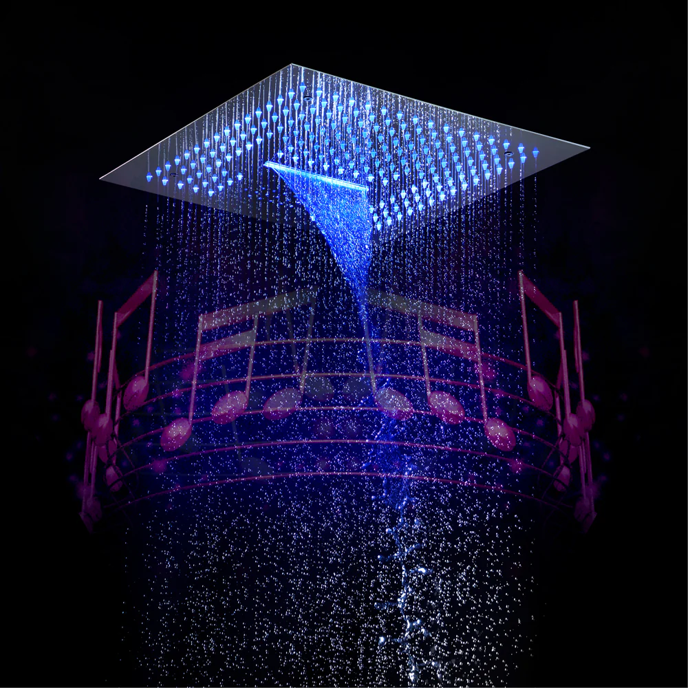 16-Inch Matte Black Flush-Mounted 3-Way Digital Thermostatic Shower Faucet with 64-LED Colors and Bluetooth Music Capabilities - Image 4