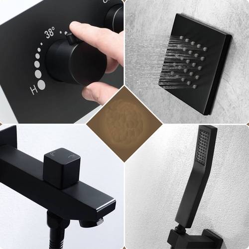 16-Inch Matte Black Thermostatic Shower Faucet: Flush-Mounted, 64-Color LED Lighting, Bluetooth Music, 4-Way Control, and 6 Body Jet Features - Image 10