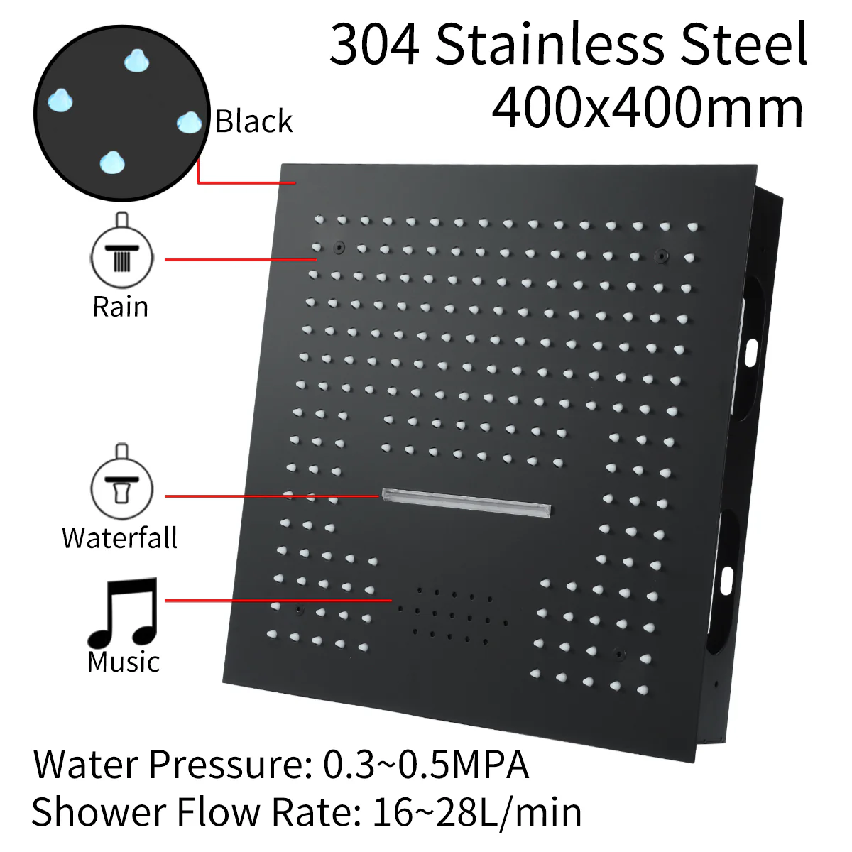 16-Inch Matte Black Thermostatic Shower Faucet: Flush-Mounted, 64-Color LED Lighting, Bluetooth Music, 4-Way Control, and 6 Body Jet Features - Image 7