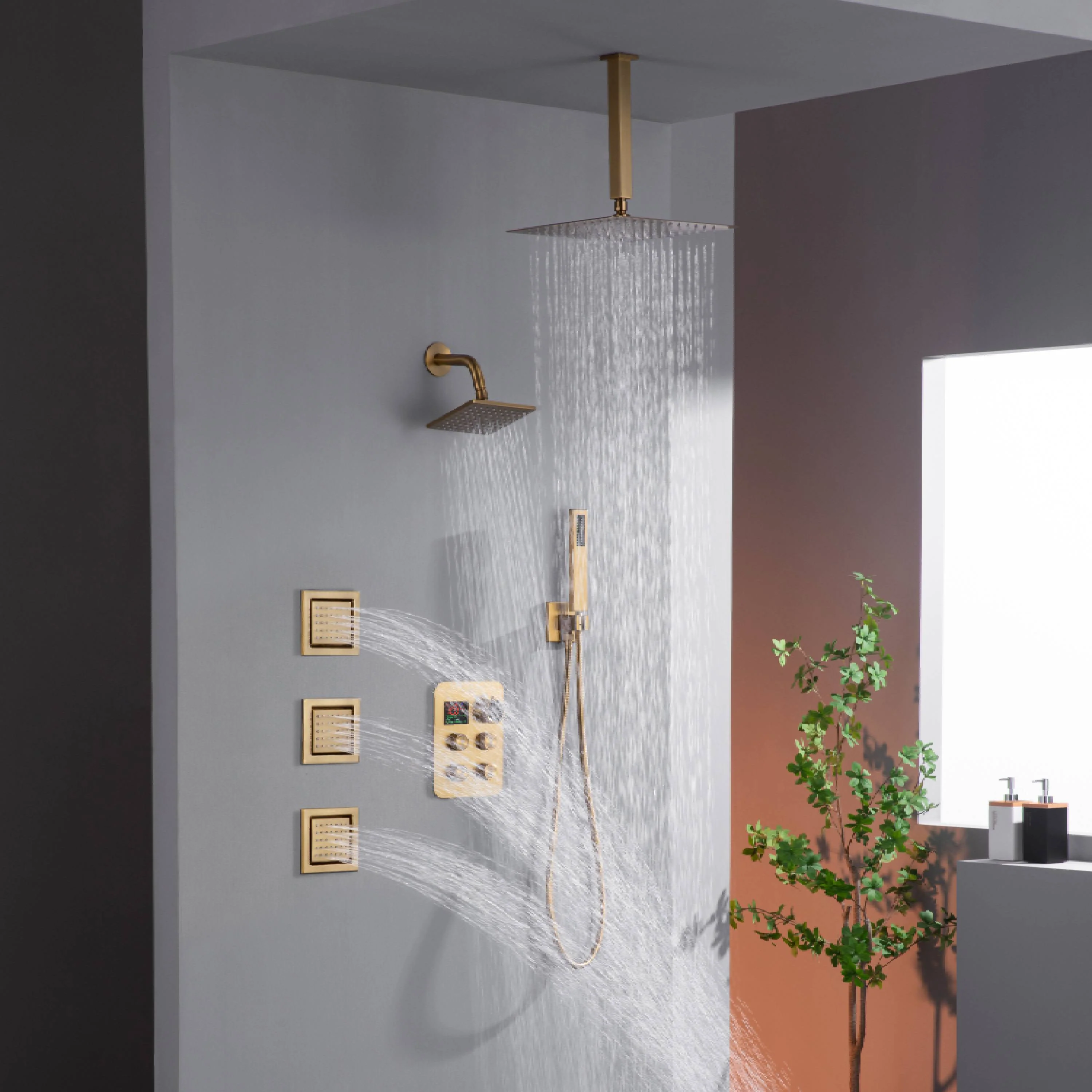 12" or 16" Ceiling Mount Rain Head with 4-Way Thermostatic Faucet and 4" Body Jet - Image 14