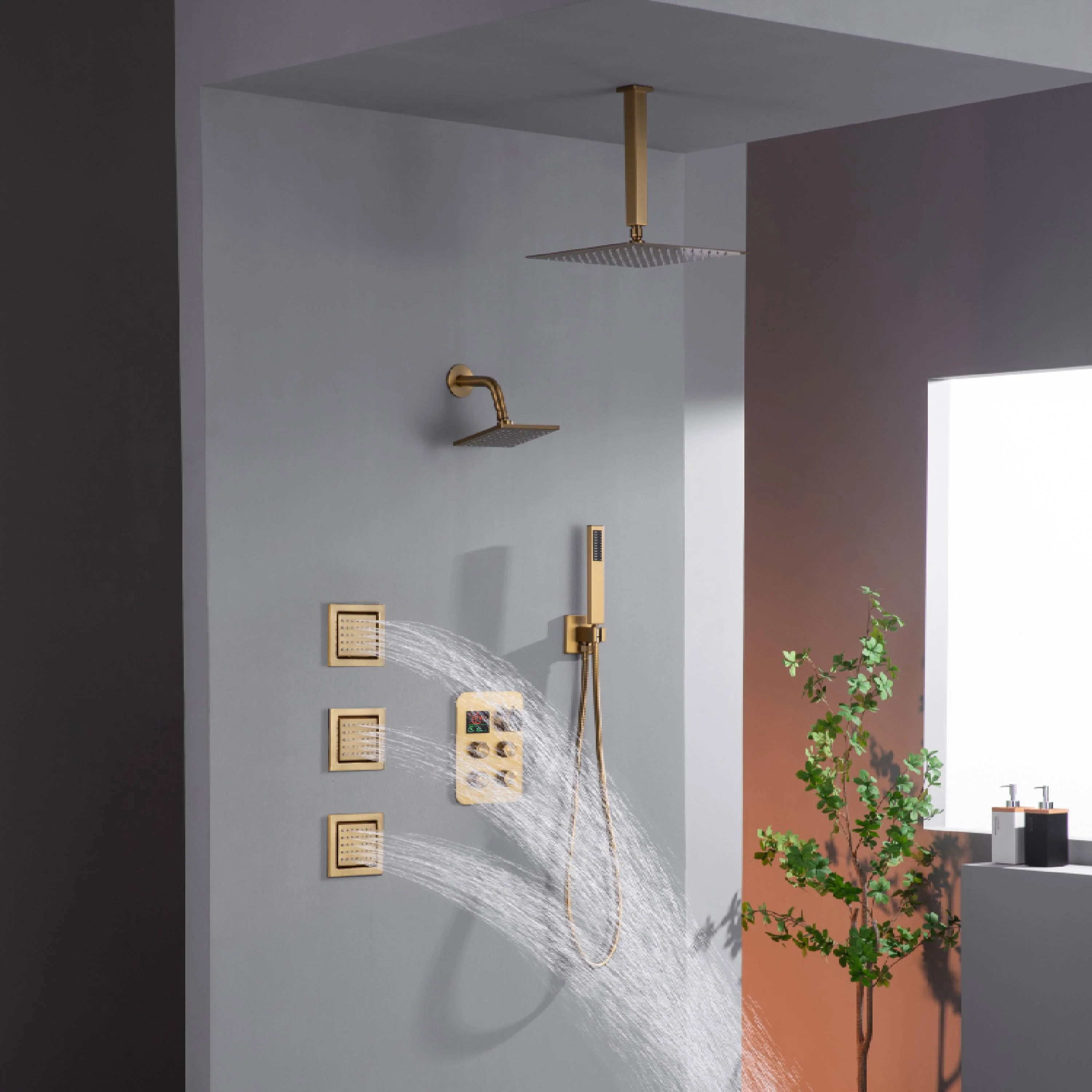 12" or 16" Ceiling Mount Rain Head with 4-Way Thermostatic Faucet and 4" Body Jet - Image 15