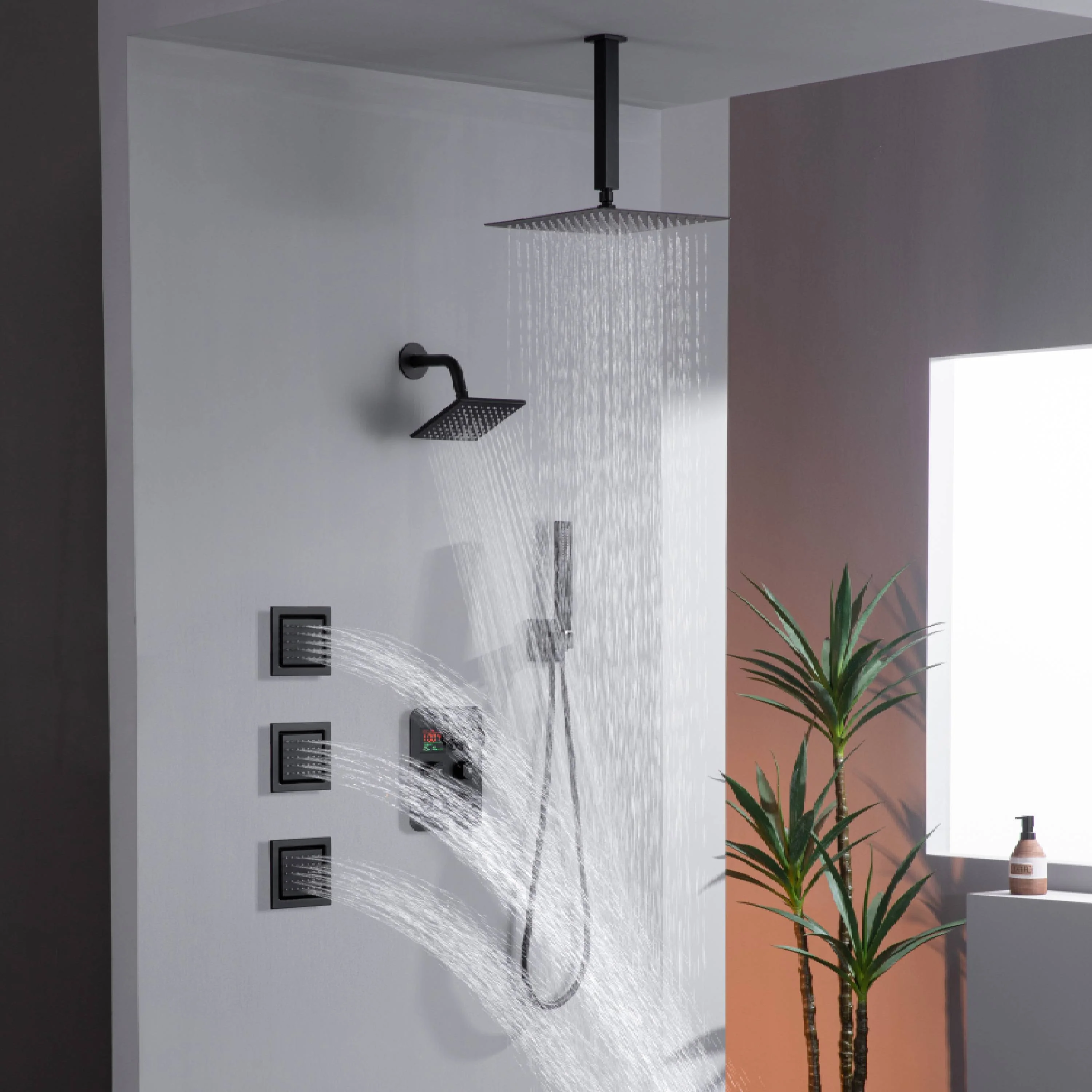 12" or 16" Ceiling Mount Rain Head with 4-Way Thermostatic Faucet and 4" Body Jet - Image 24