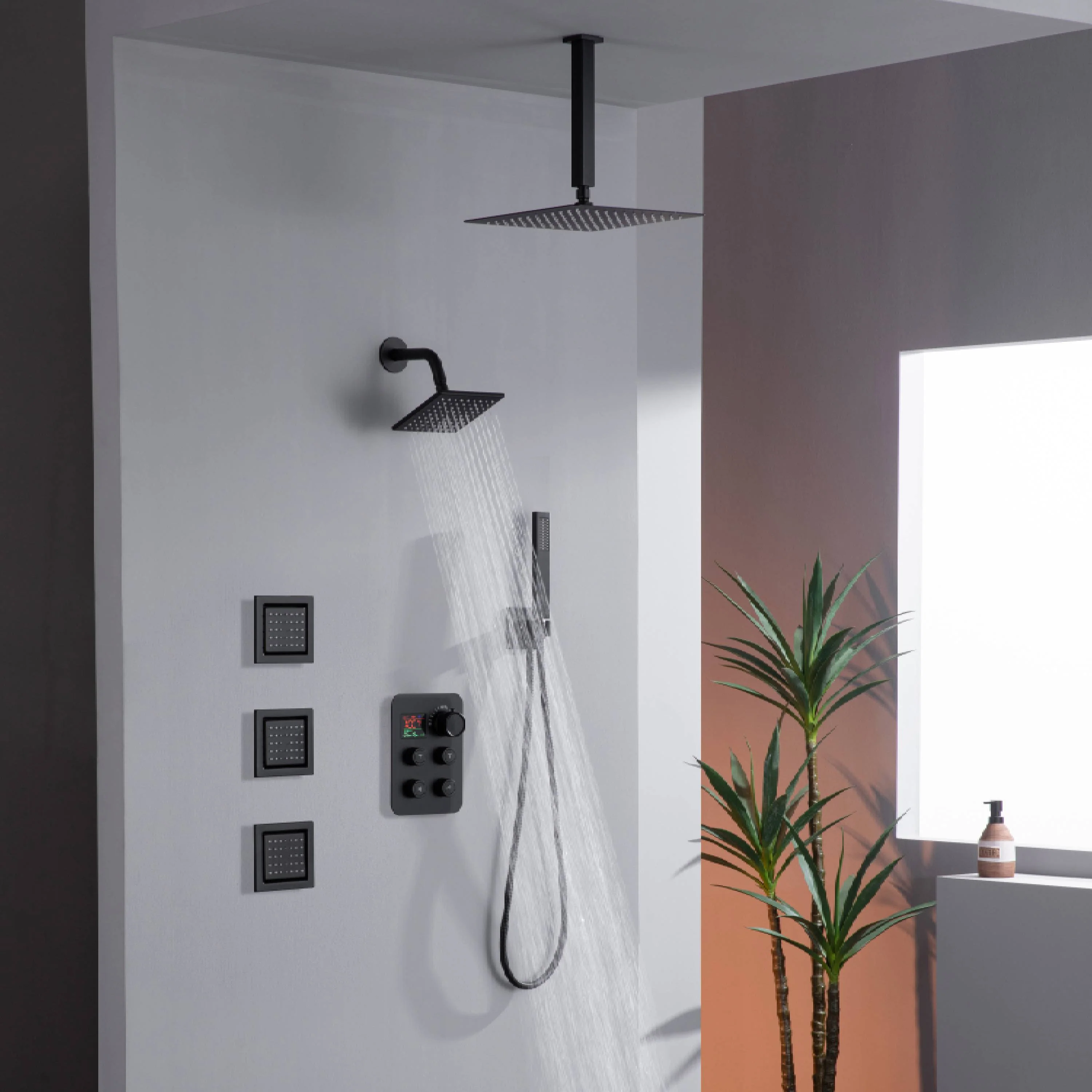 12" or 16" Ceiling Mount Rain Head with 4-Way Thermostatic Faucet and 4" Body Jet - Image 25