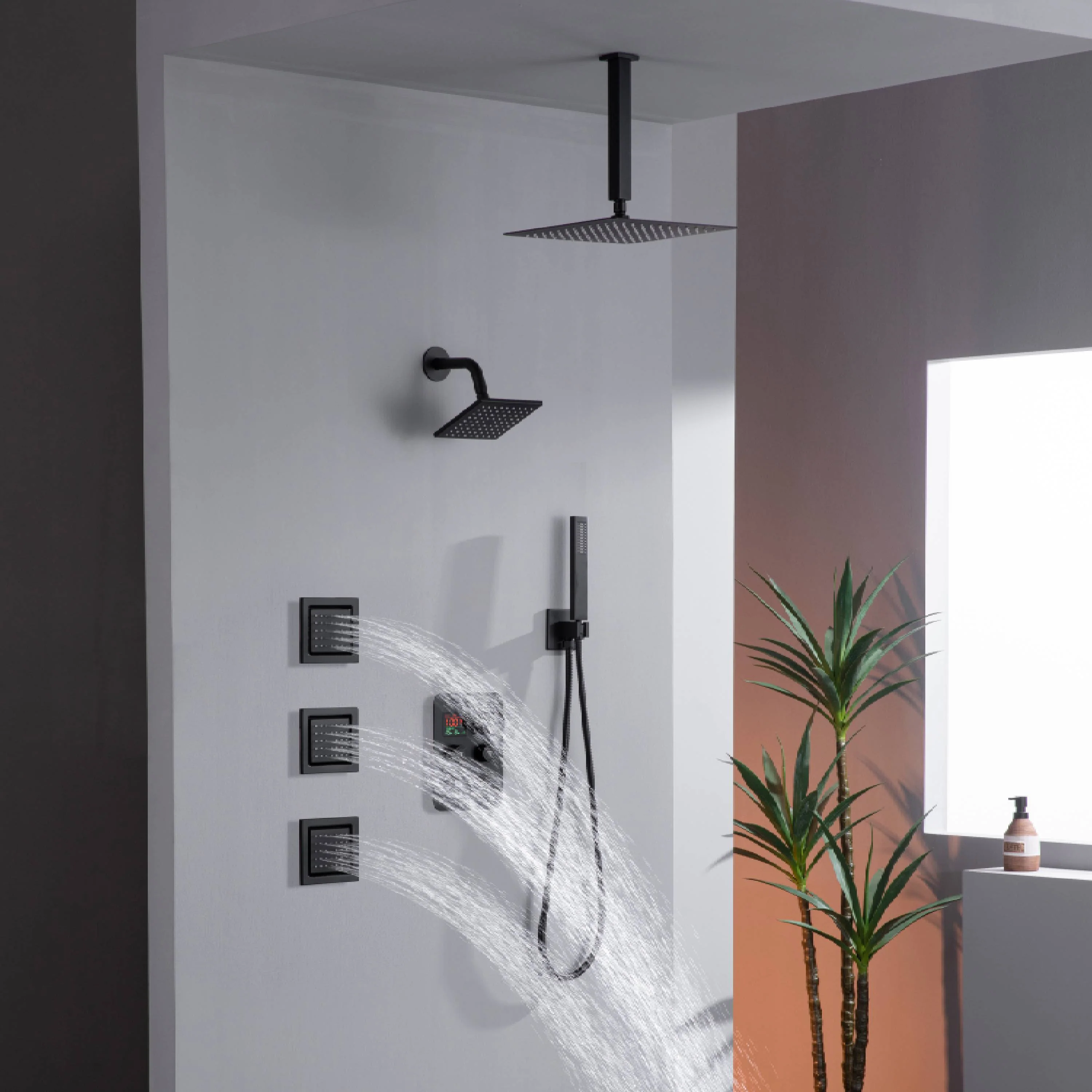 12" or 16" Ceiling Mount Rain Head with 4-Way Thermostatic Faucet and 4" Body Jet - Image 26
