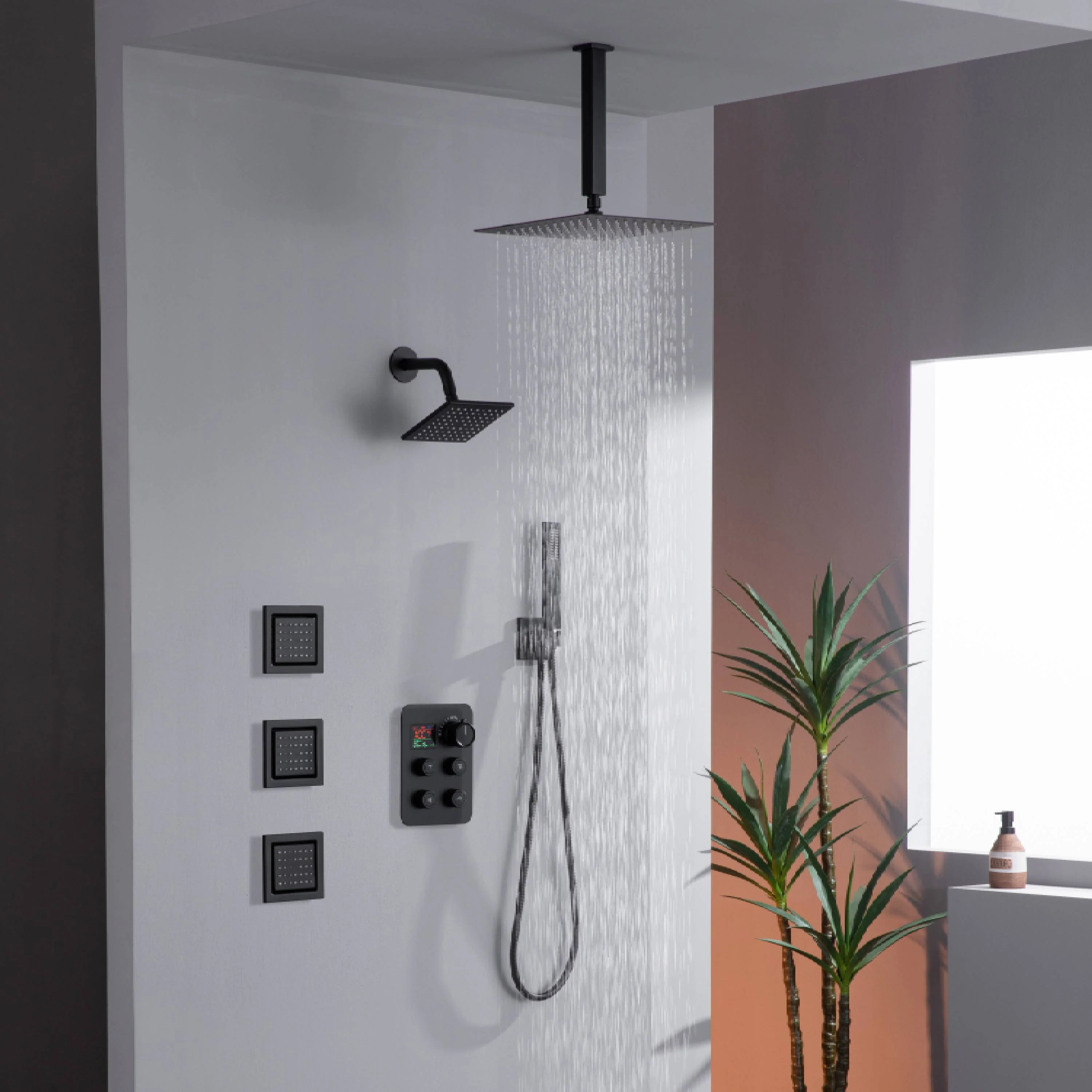 12" or 16" Ceiling Mount Rain Head with 4-Way Thermostatic Faucet and 4" Body Jet - Image 27