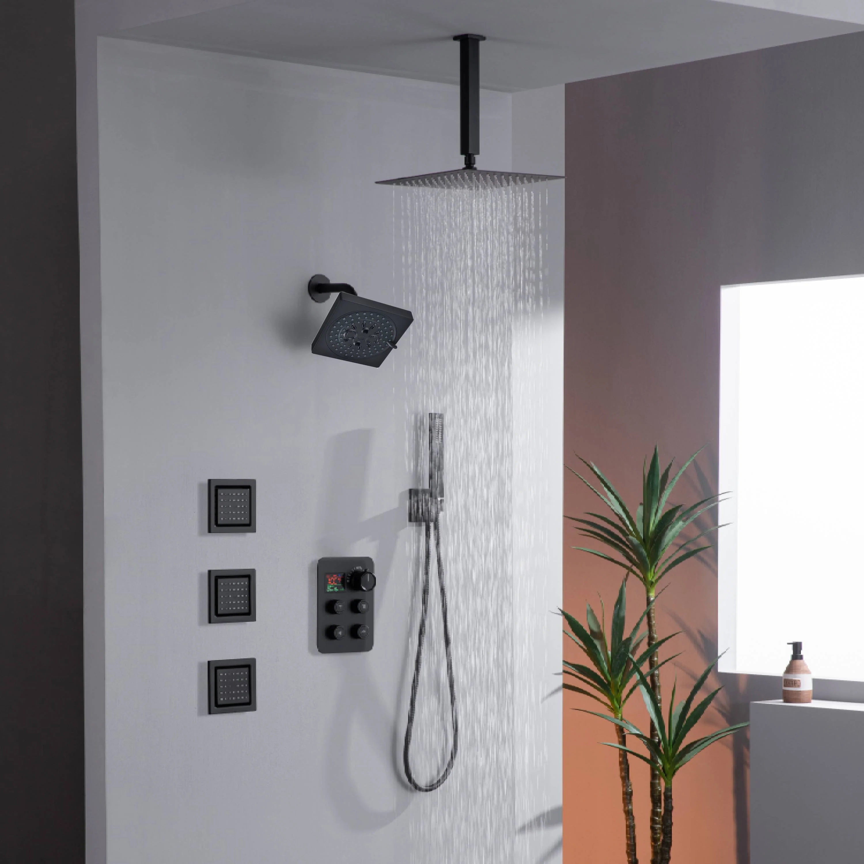 12" or 16" Ceiling Mount Rain Head with 4-Way Thermostatic Faucet and 4" Body Jet - Image 28