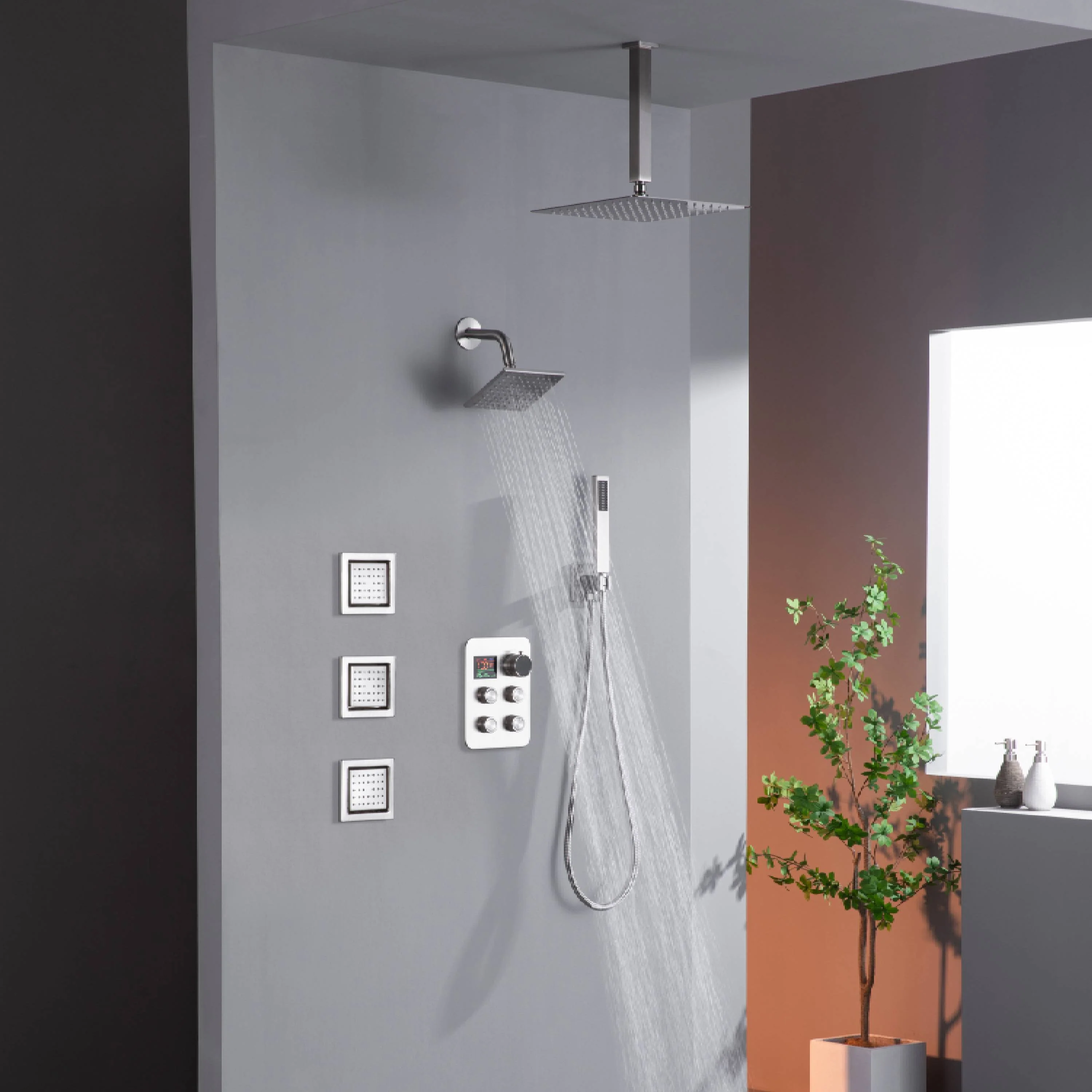 12" or 16" Ceiling Mount Rain Head with 4-Way Thermostatic Faucet and 4" Body Jet - Image 4
