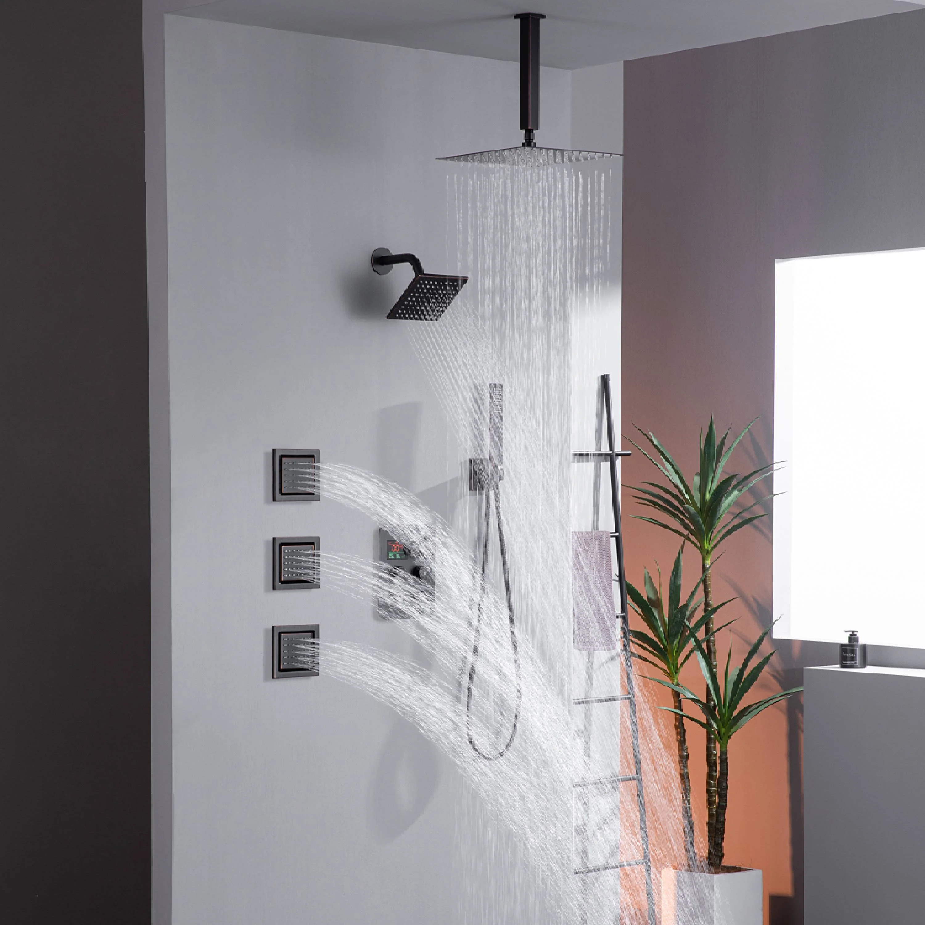 12" or 16" Ceiling Mount Rain Head with 4-Way Thermostatic Faucet and 4" Body Jet - Image 43