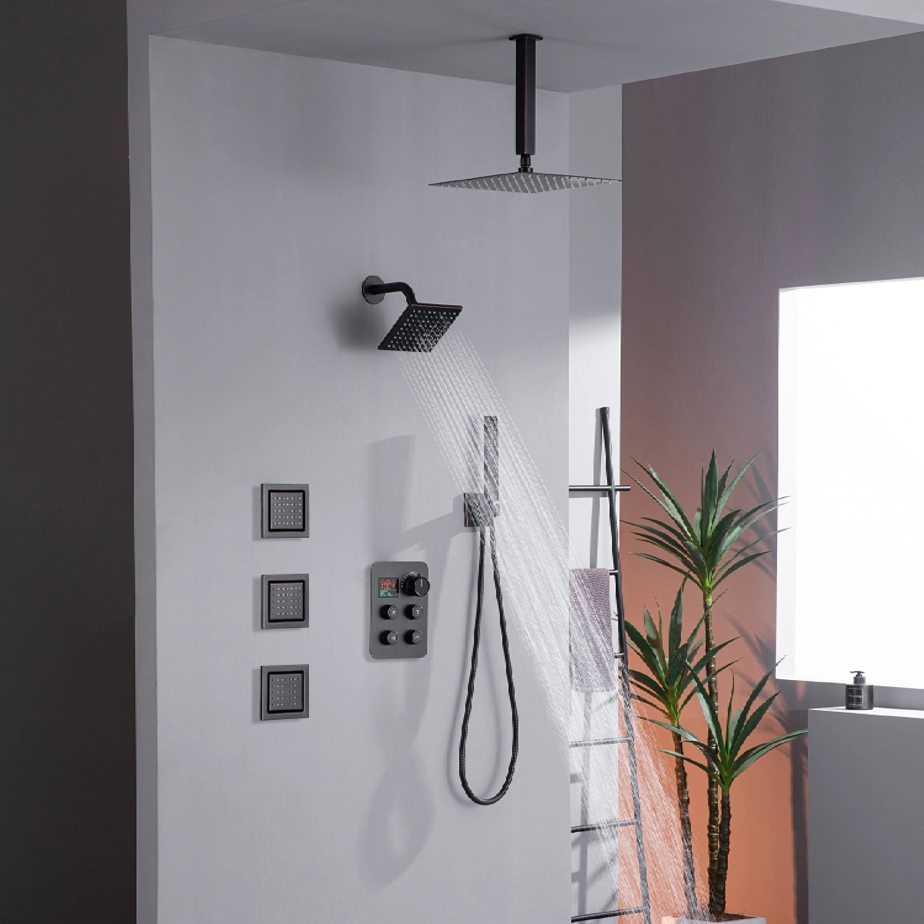 12" or 16" Ceiling Mount Rain Head with 4-Way Thermostatic Faucet and 4" Body Jet - Image 44