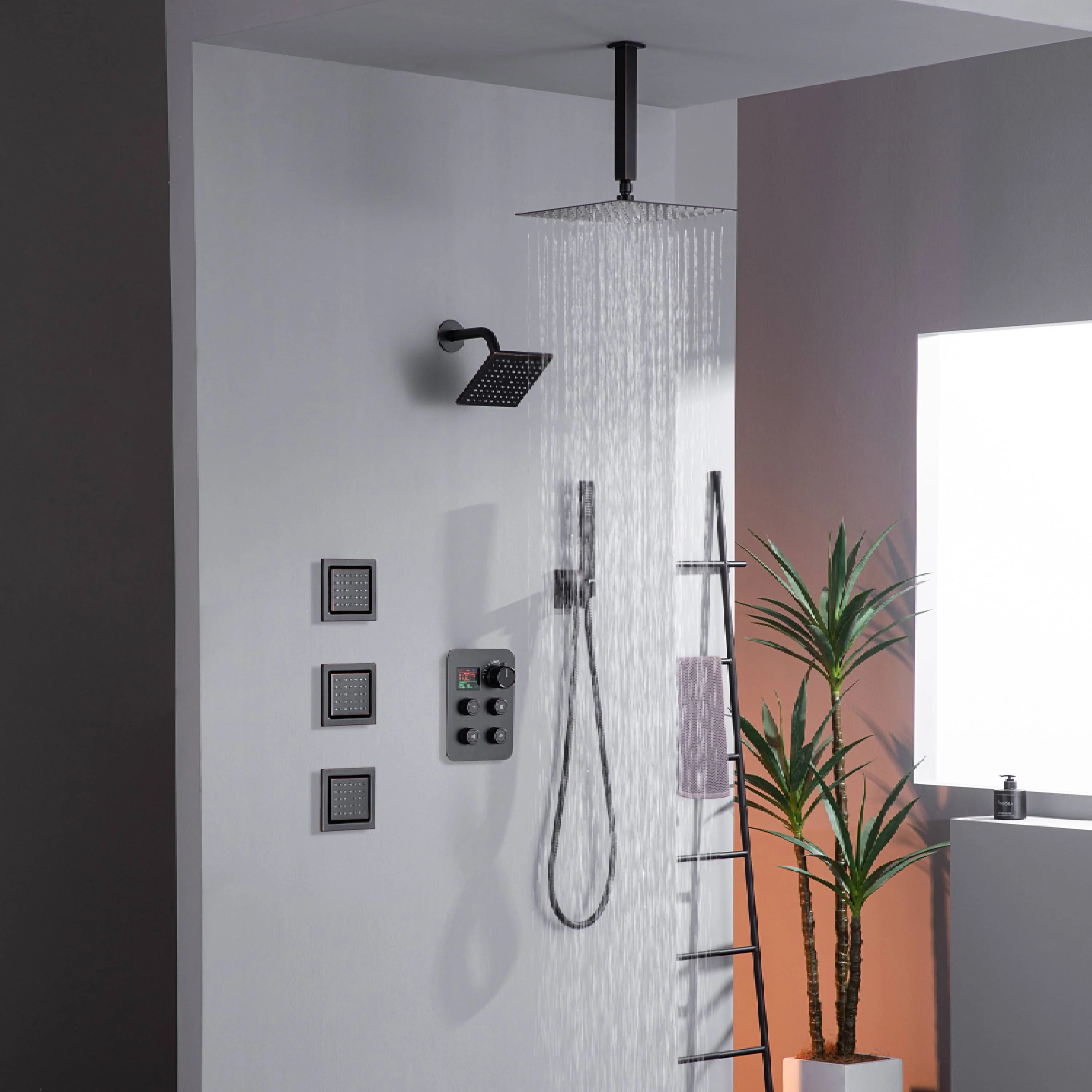 12" or 16" Ceiling Mount Rain Head with 4-Way Thermostatic Faucet and 4" Body Jet - Image 45