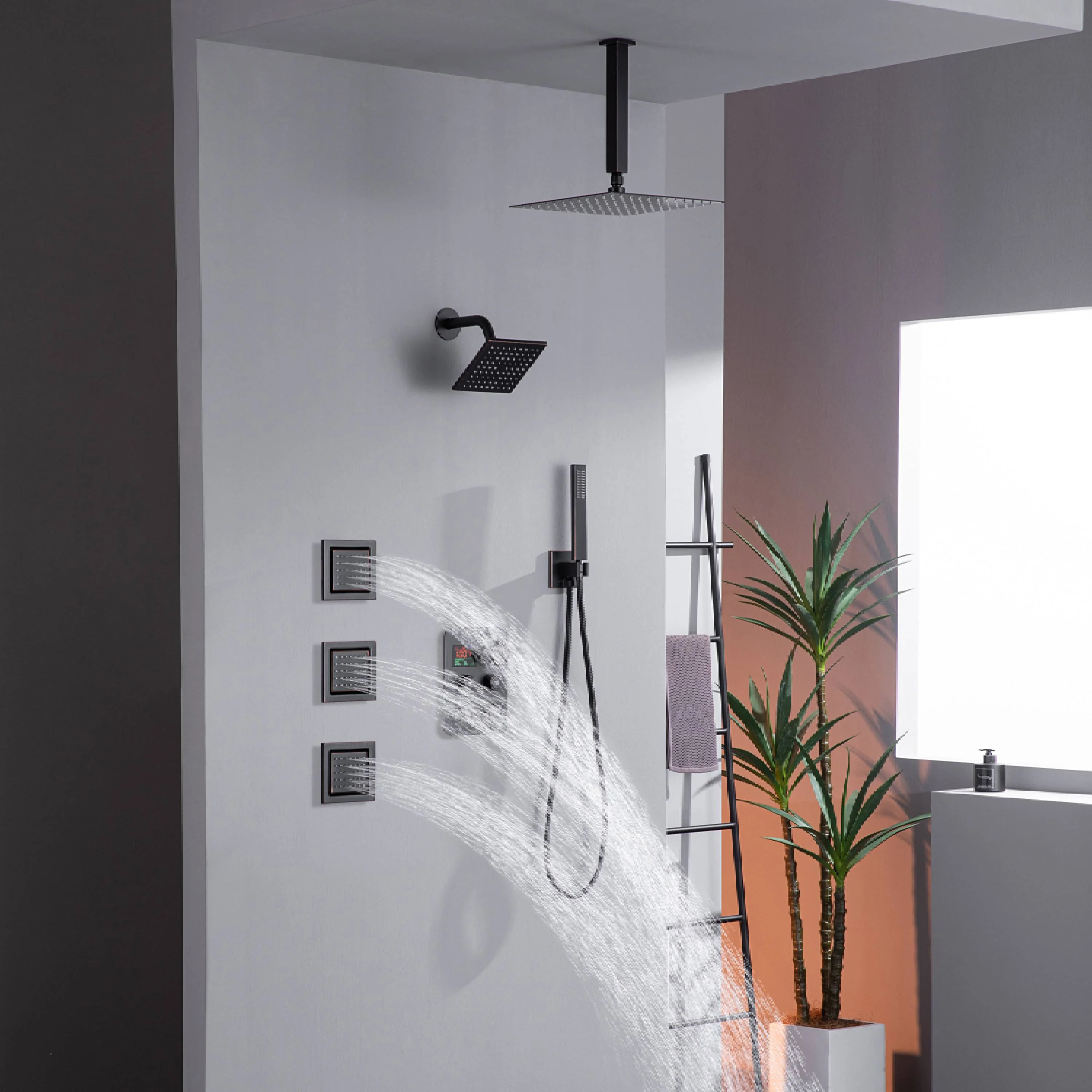 12" or 16" Ceiling Mount Rain Head with 4-Way Thermostatic Faucet and 4" Body Jet - Image 46