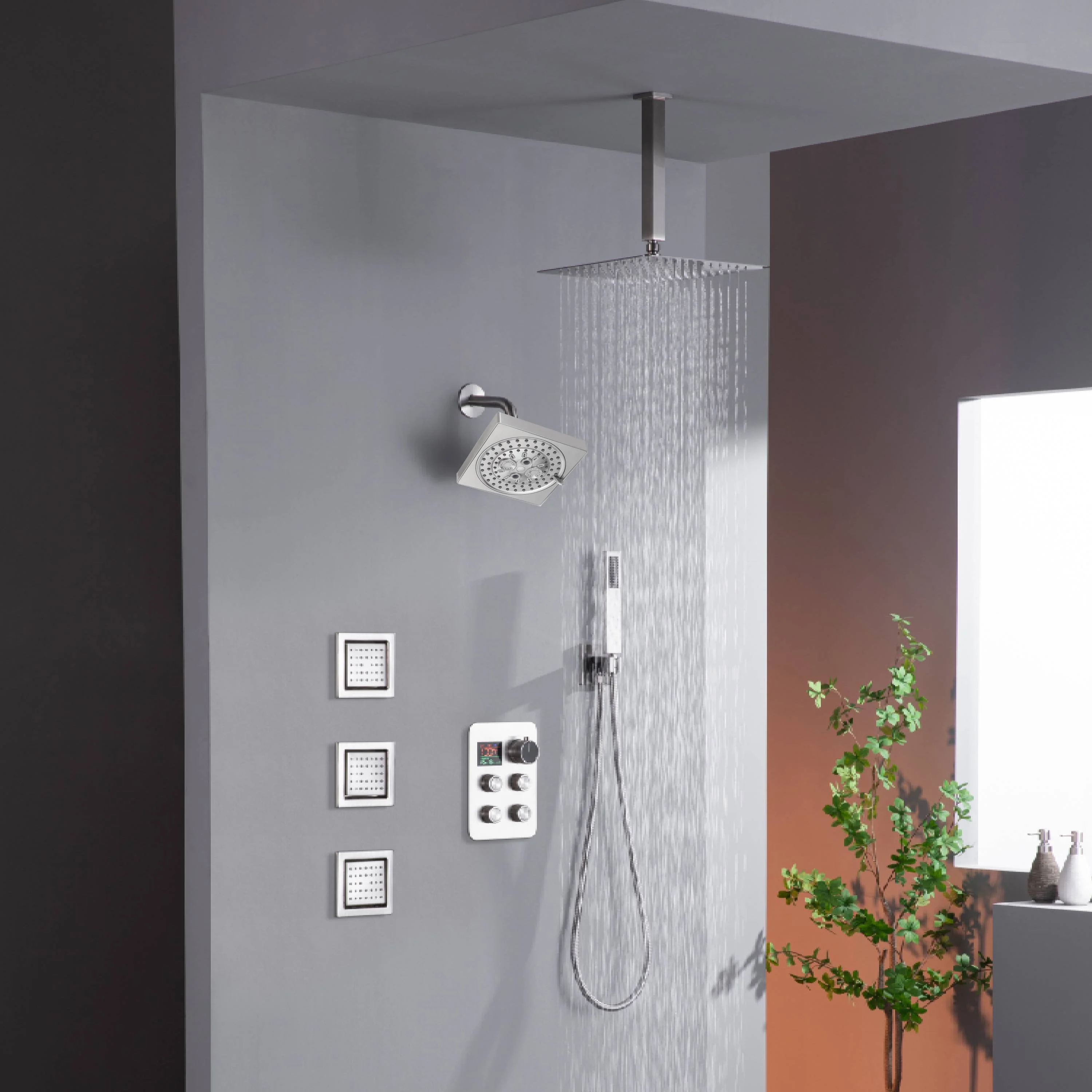 12" or 16" Ceiling Mount Rain Head with 4-Way Thermostatic Faucet and 4" Body Jet - Image 5