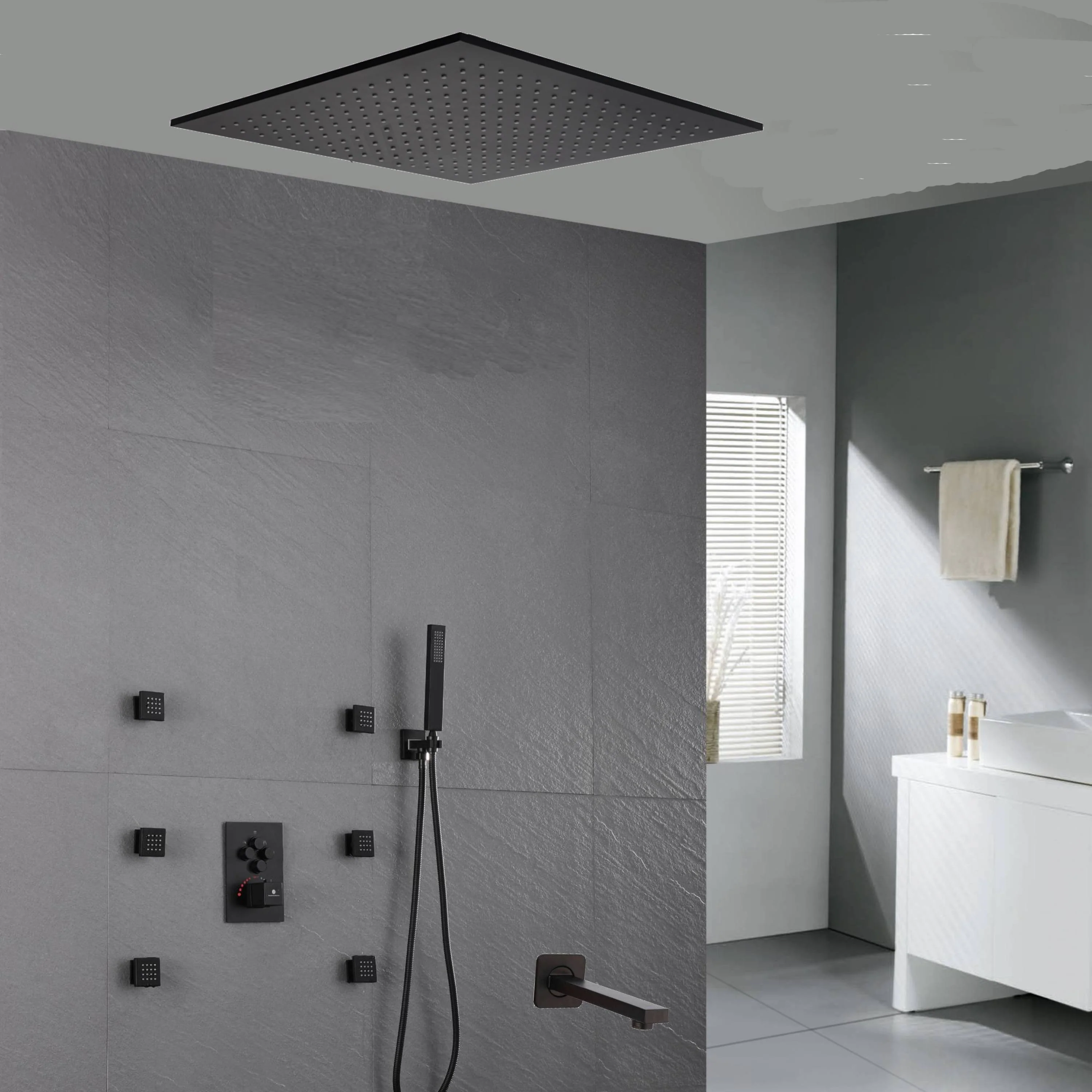 20'' ceiling mounted LED matte Black 3 way thermostatic valve tub spout that each function run at the same time and separately - Image 10