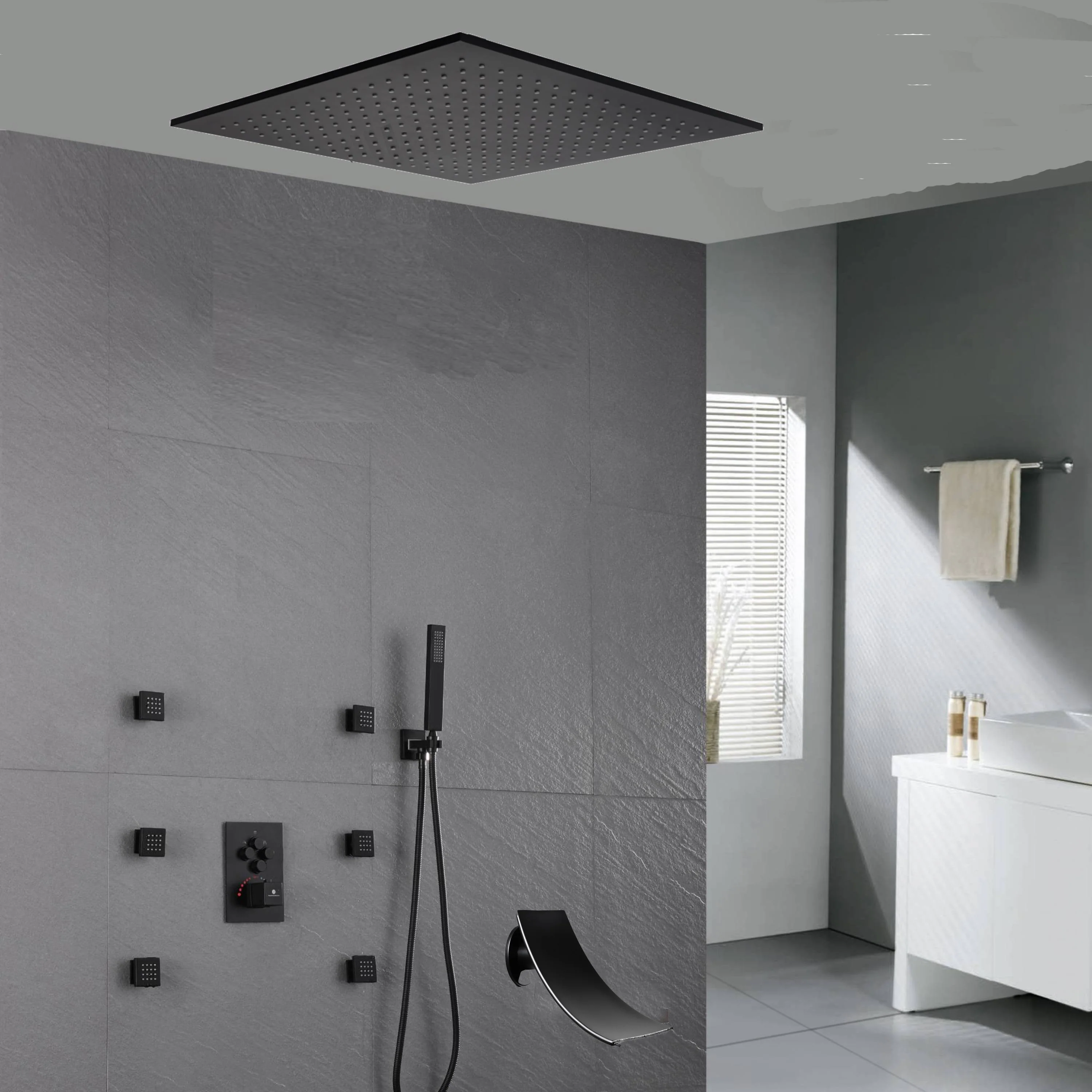 20'' ceiling mounted LED matte Black 3 way thermostatic valve tub spout that each function run at the same time and separately - Image 11