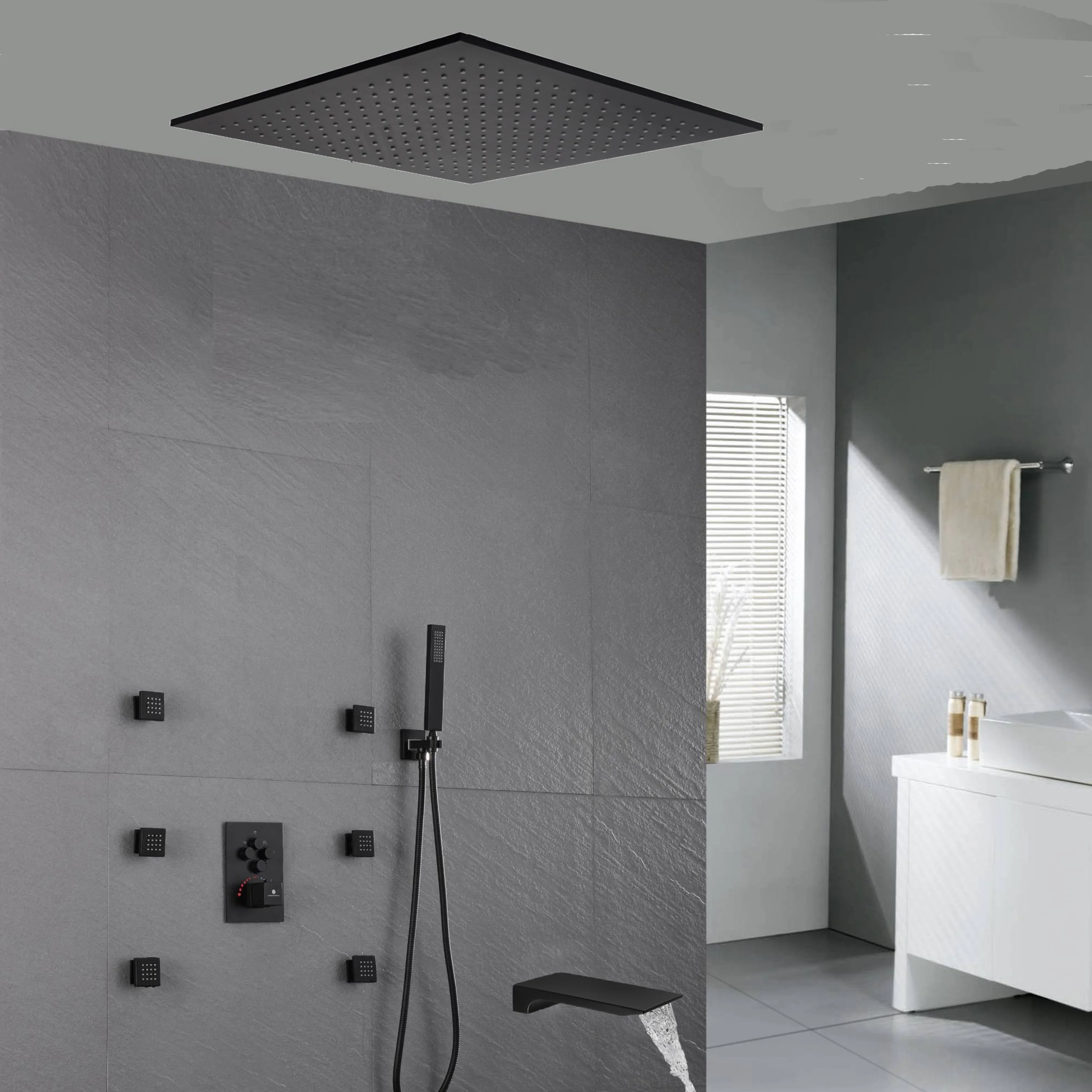 20'' ceiling mounted LED matte Black 3 way thermostatic valve tub spout that each function run at the same time and separately - Image 12
