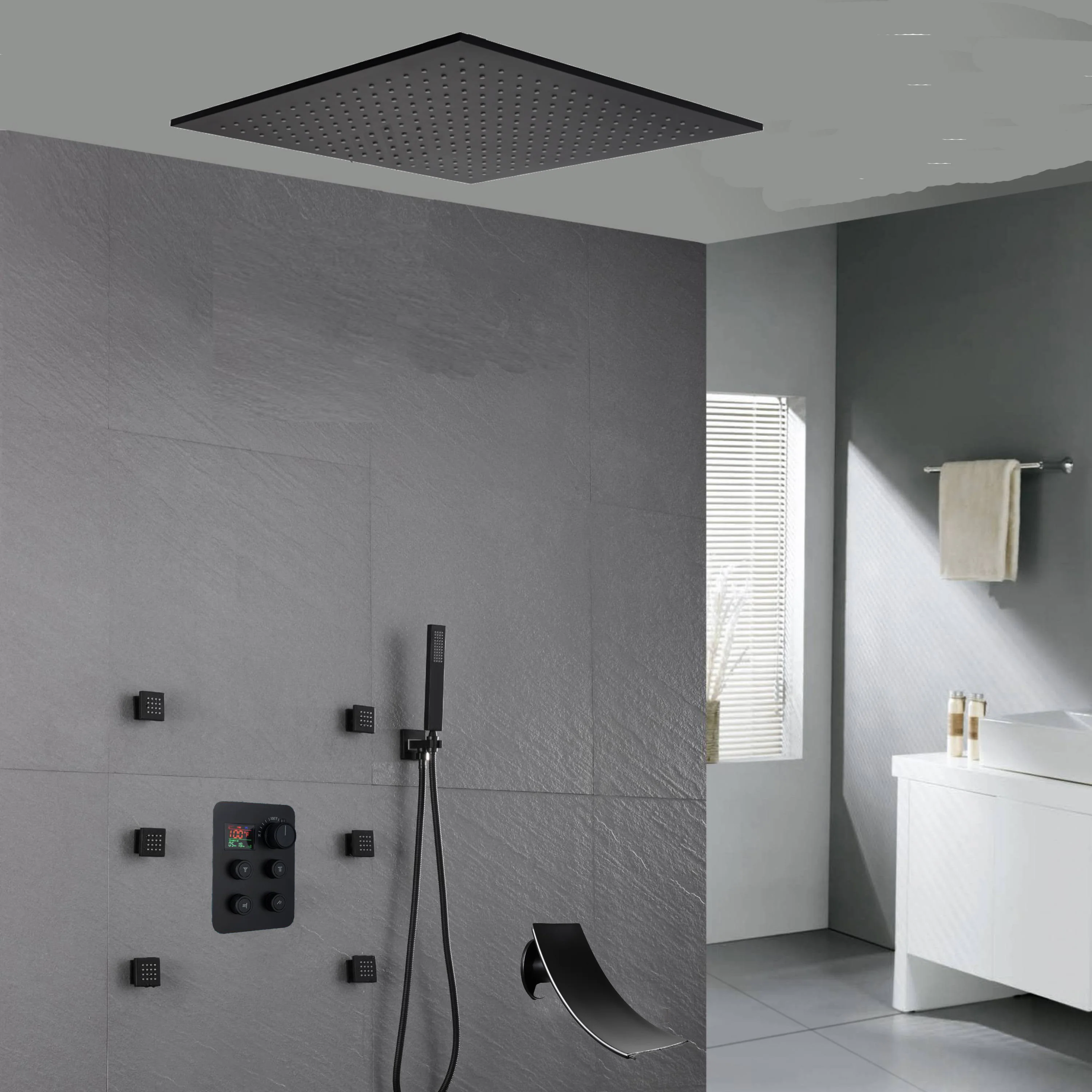 20'' ceiling mounted LED matte Black 3 way thermostatic valve tub spout that each function run at the same time and separately - Image 2