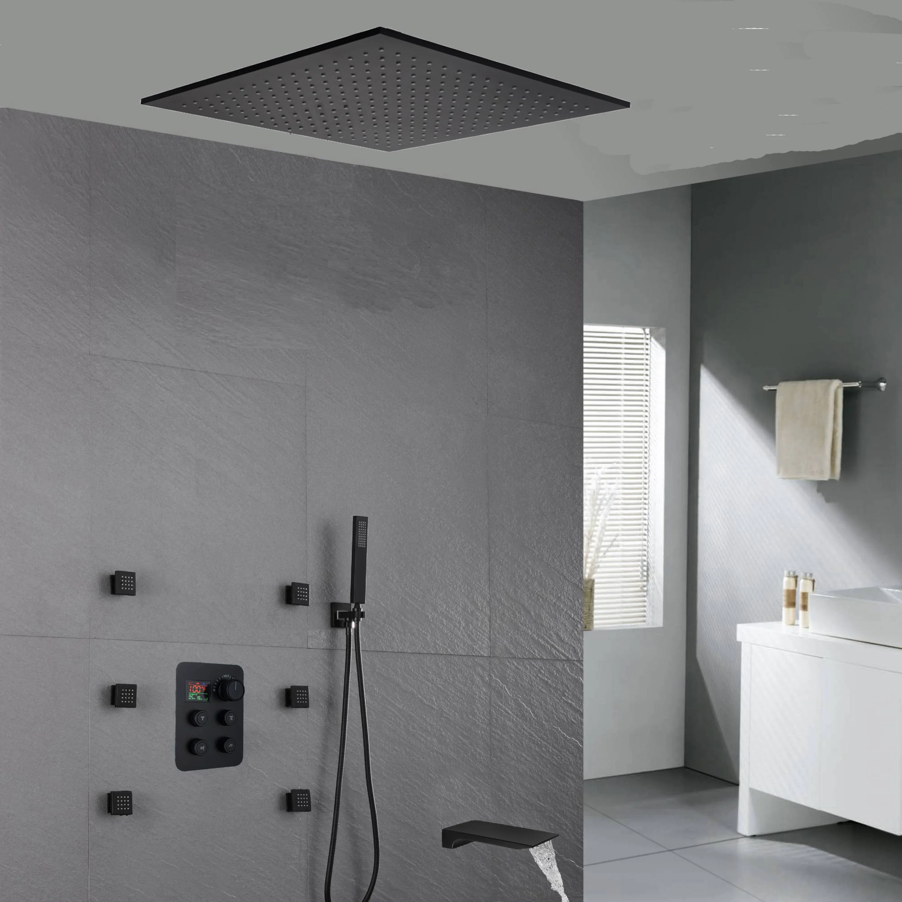20'' ceiling mounted LED matte Black 3 way thermostatic valve tub spout that each function run at the same time and separately - Image 3