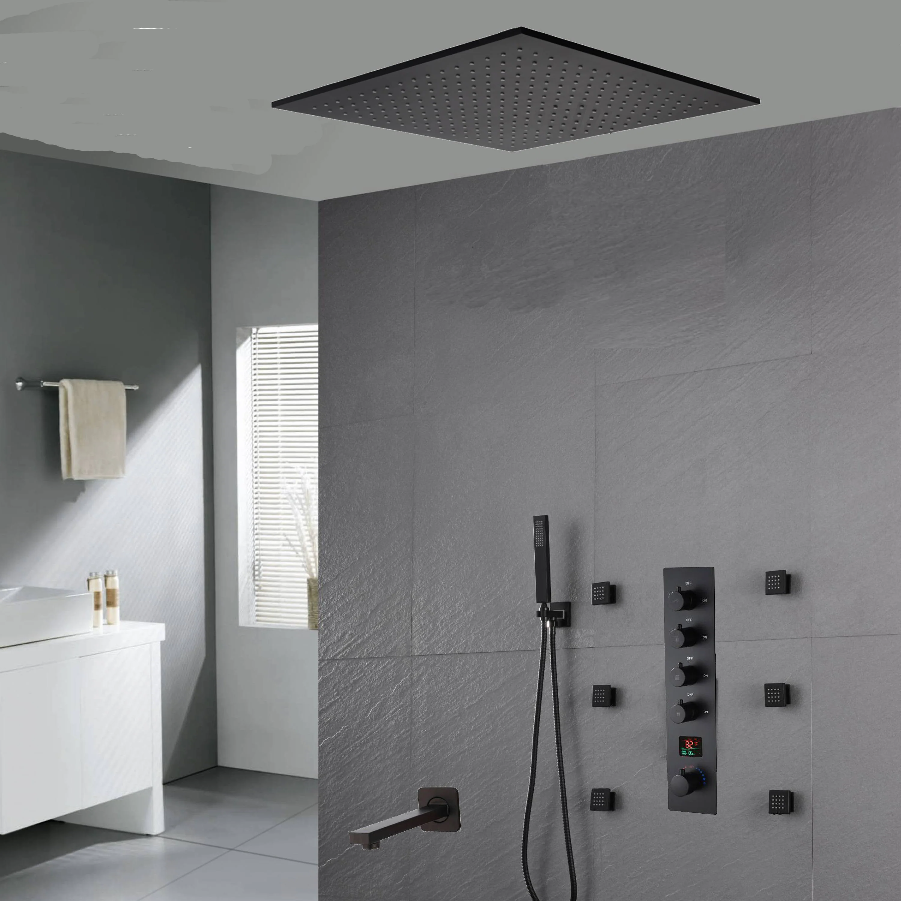 20'' ceiling mounted LED matte Black 3 way thermostatic valve tub spout that each function run at the same time and separately - Image 4