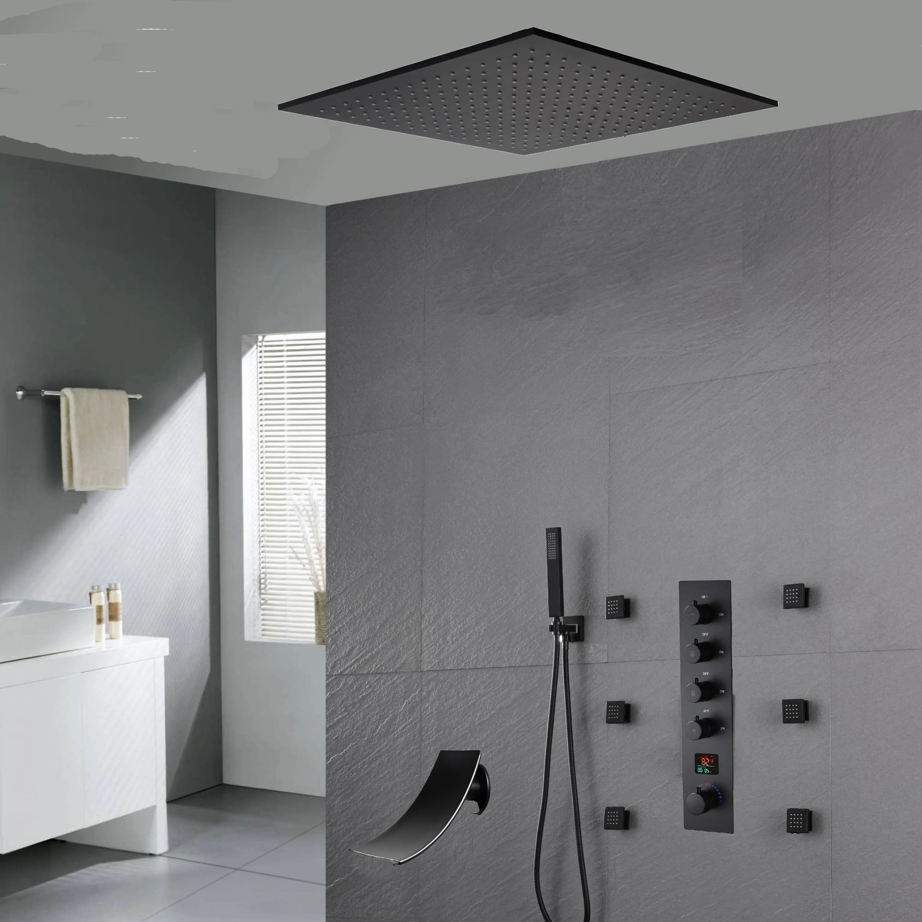 20'' ceiling mounted LED matte Black 3 way thermostatic valve tub spout that each function run at the same time and separately - Image 5