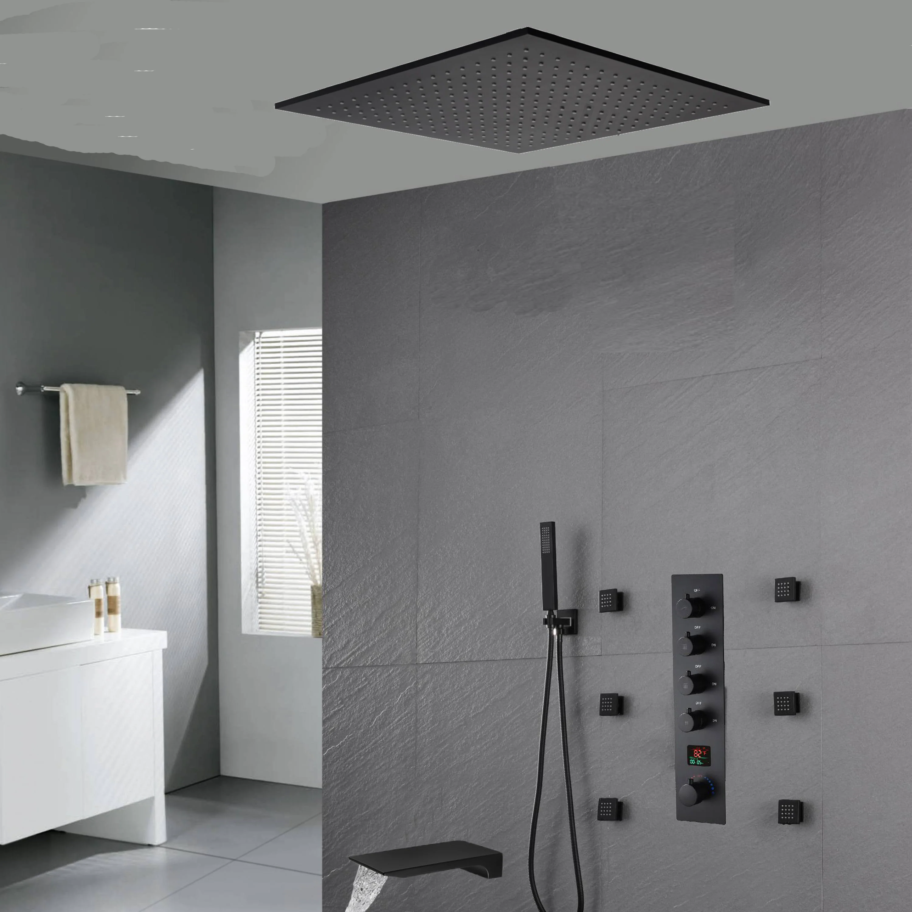 20'' ceiling mounted LED matte Black 3 way thermostatic valve tub spout that each function run at the same time and separately - Image 6