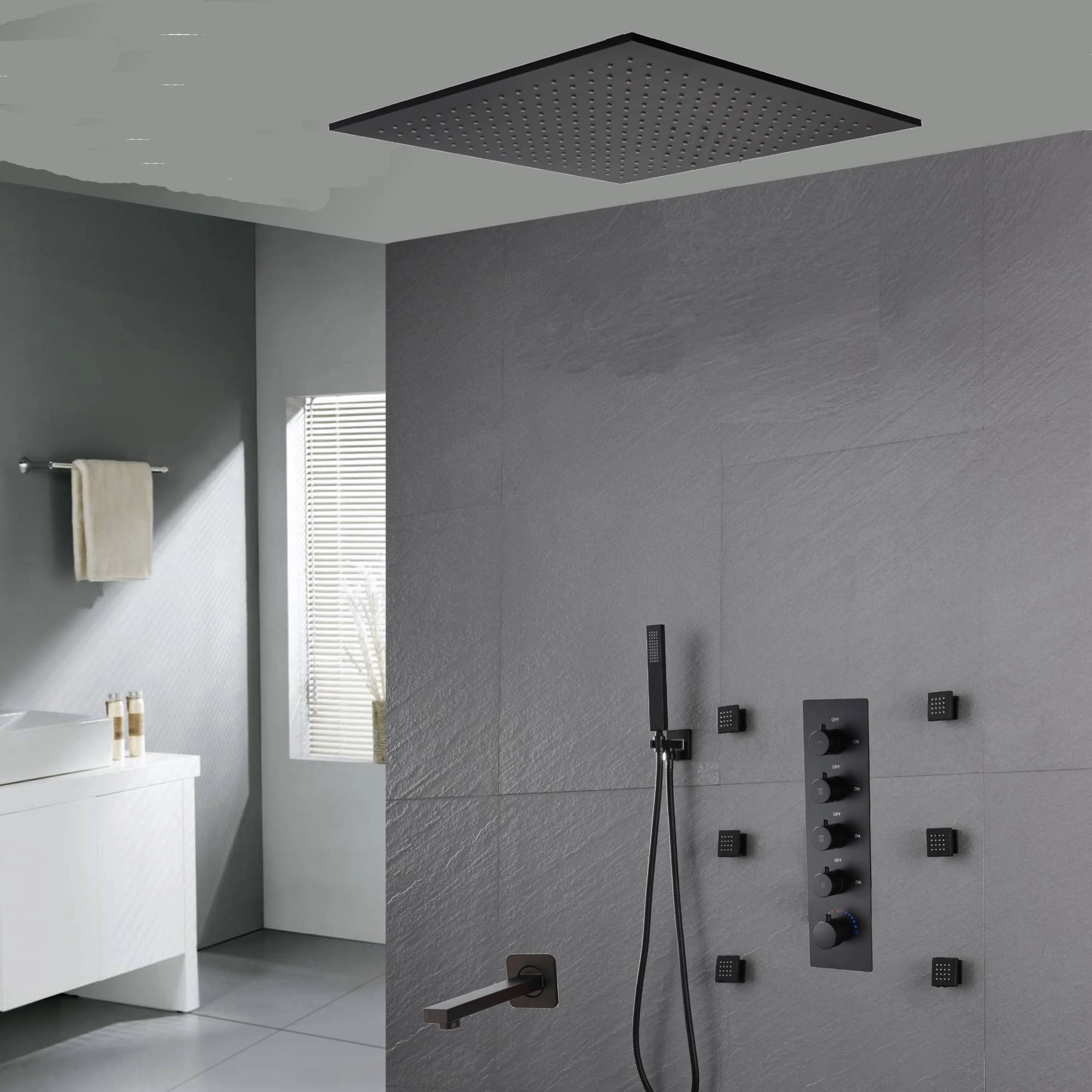 20'' ceiling mounted LED matte Black 3 way thermostatic valve tub spout that each function run at the same time and separately - Image 7