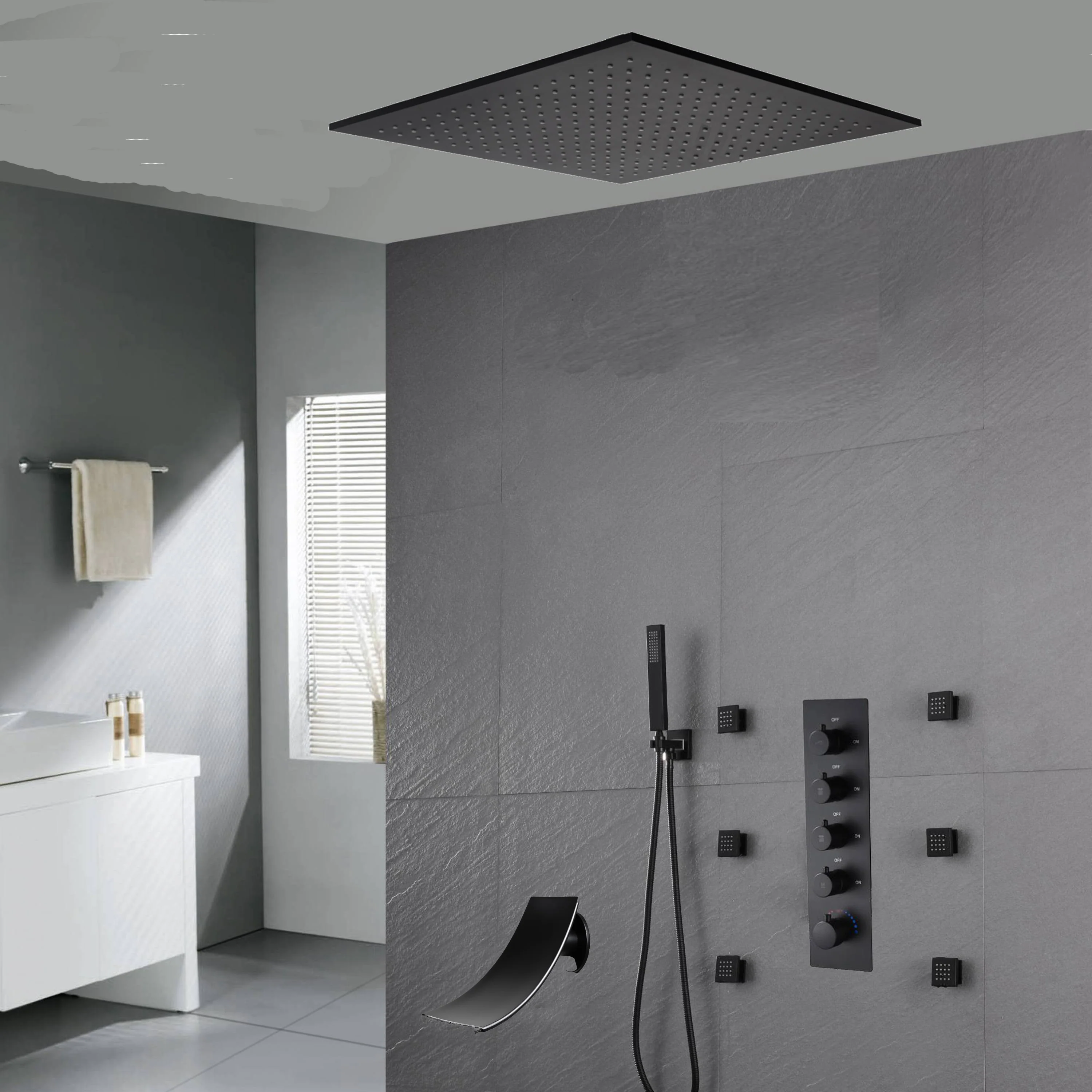 20'' ceiling mounted LED matte Black 3 way thermostatic valve tub spout that each function run at the same time and separately - Image 8