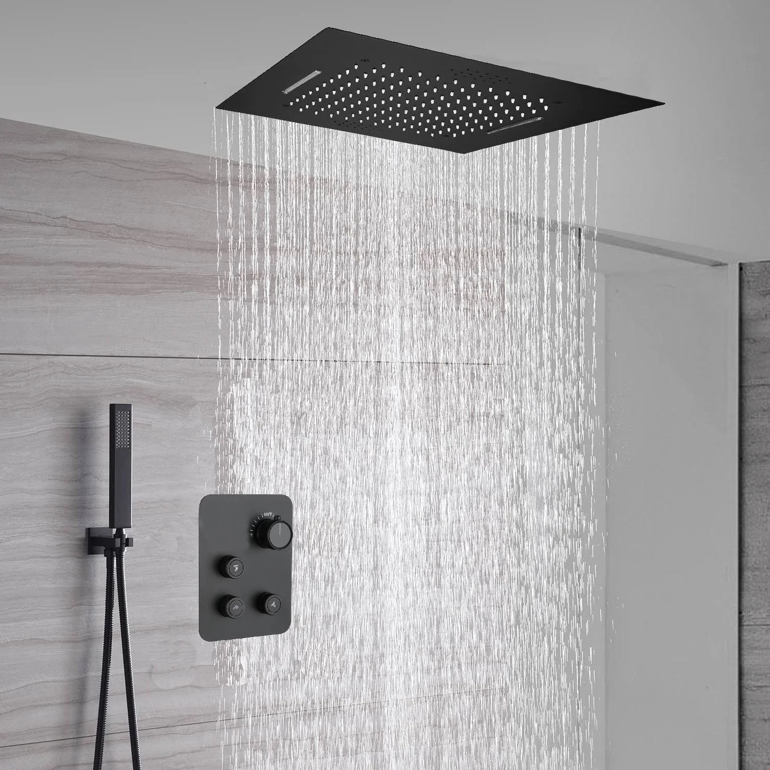 waterfall rainfall 20'' or 24 '' Flushed on ceiling matte Black 3 way thermostatic shower faucets - Image 2