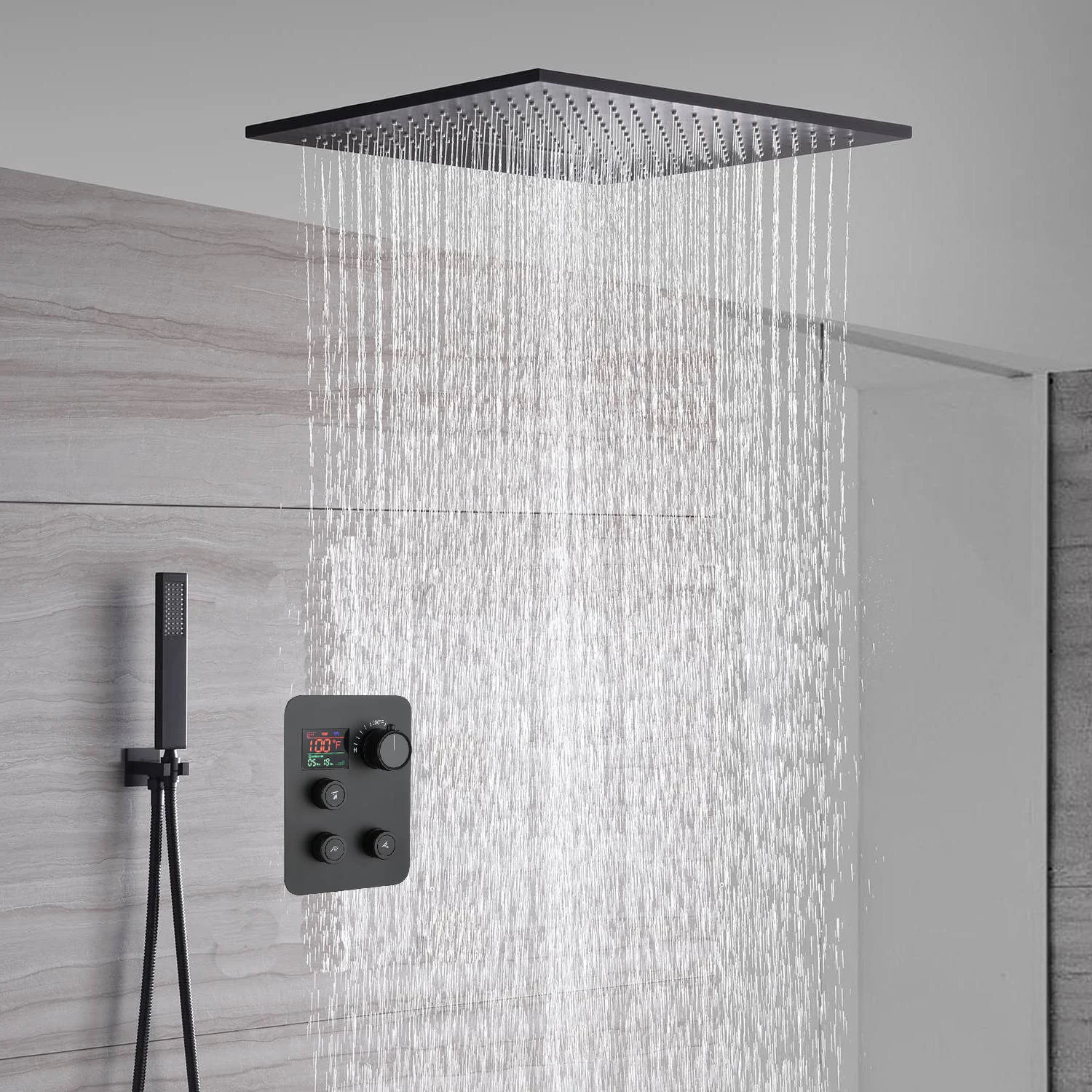 waterfall rainfall 20'' or 24 '' Flushed on ceiling matte Black 3 way thermostatic shower faucets - Image 5