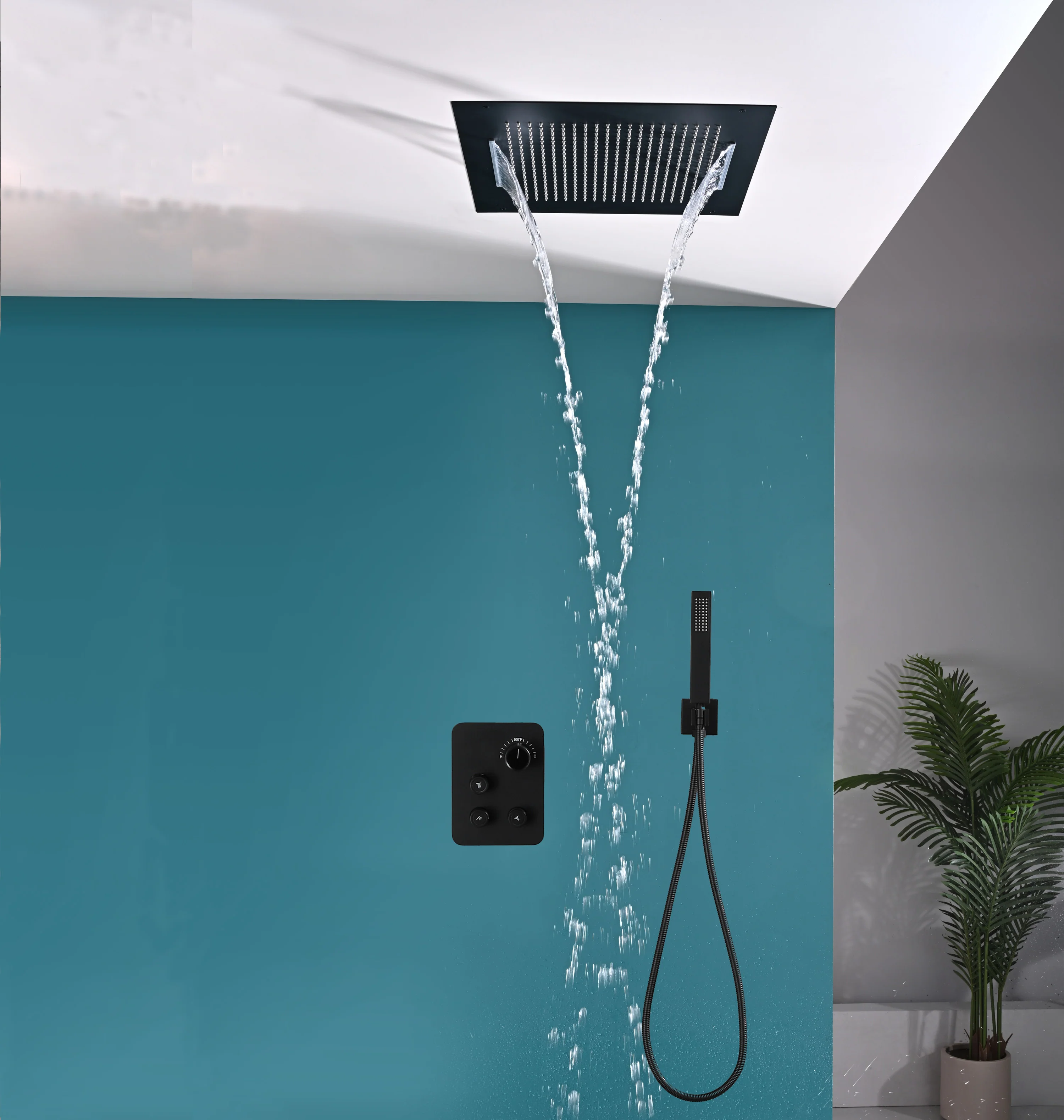 waterfall rainfall 20'' or 24 '' Flushed on ceiling matte Black 3 way thermostatic shower faucets - Image 7