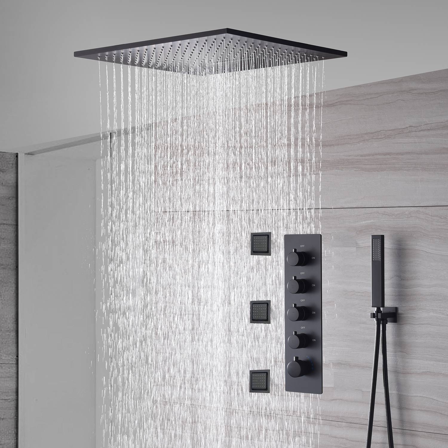 20'' Or 24'' Matte Black 4-Way Thermostatic Shower Faucet with Body Jets - Image 4