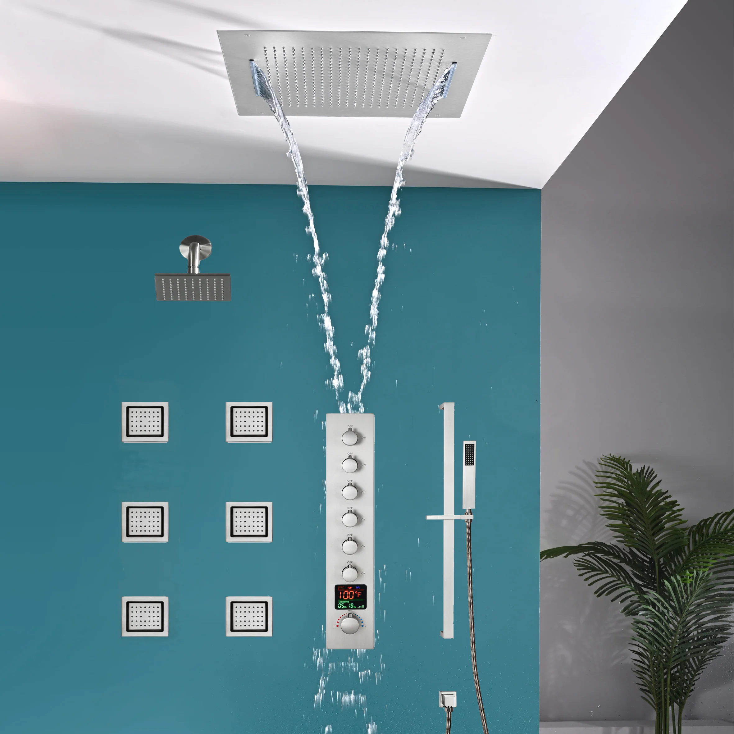 20 inch  flush-mount or ceiling mount rainfall waterfall shower systems 6 way thermostatic valve with 6 body jets and sliding bar and  regular head - Image 2